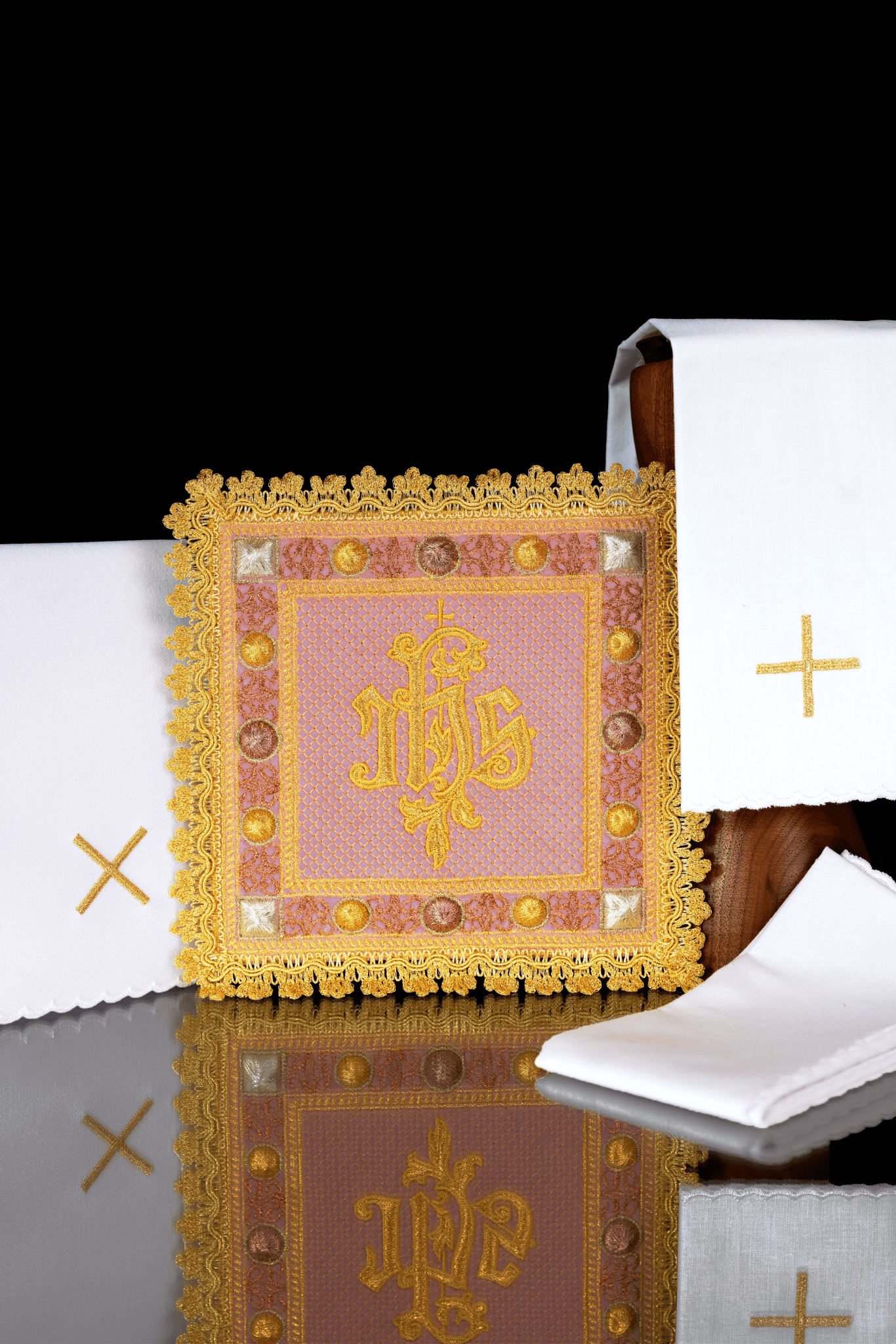 Velvet Altar Linens in pink with embroidered IHS symbol S - 5567 - C5 - HAFTINAUSA.COM