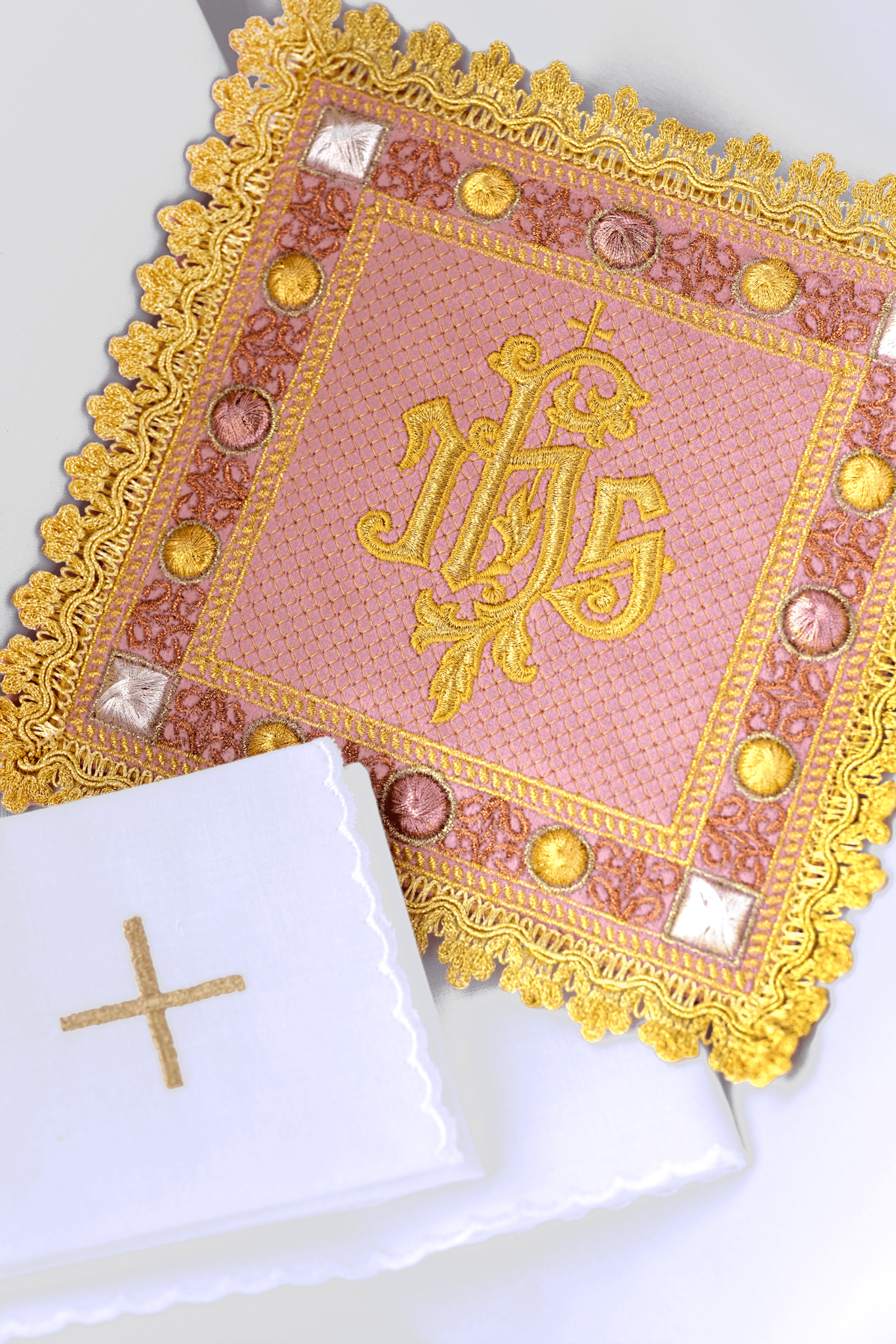 Velvet Altar Linens in pink with embroidered IHS symbol S - 5567 - C5 - HAFTINAUSA.COM