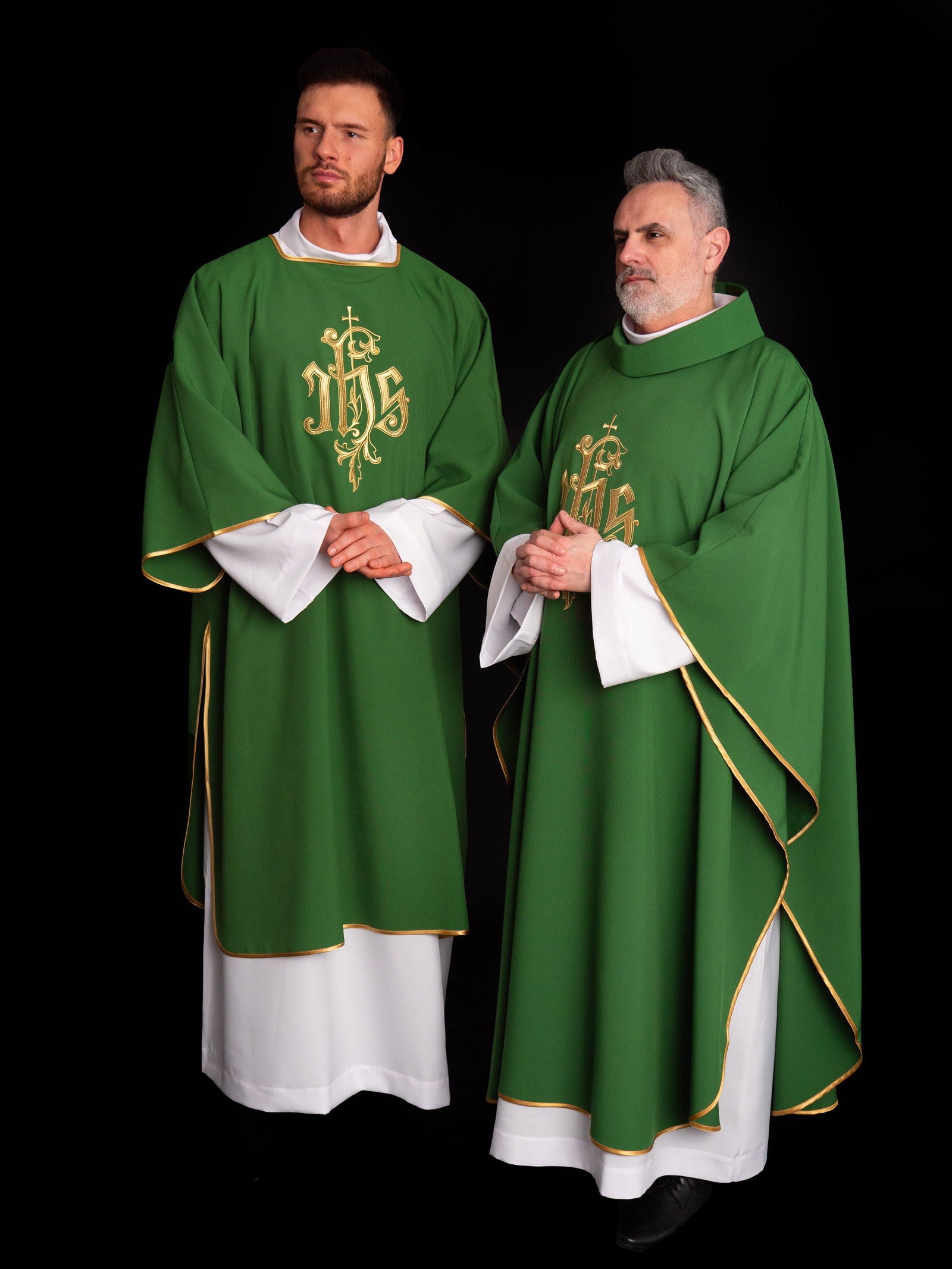 Green dalmatic chasuble with gold IHS