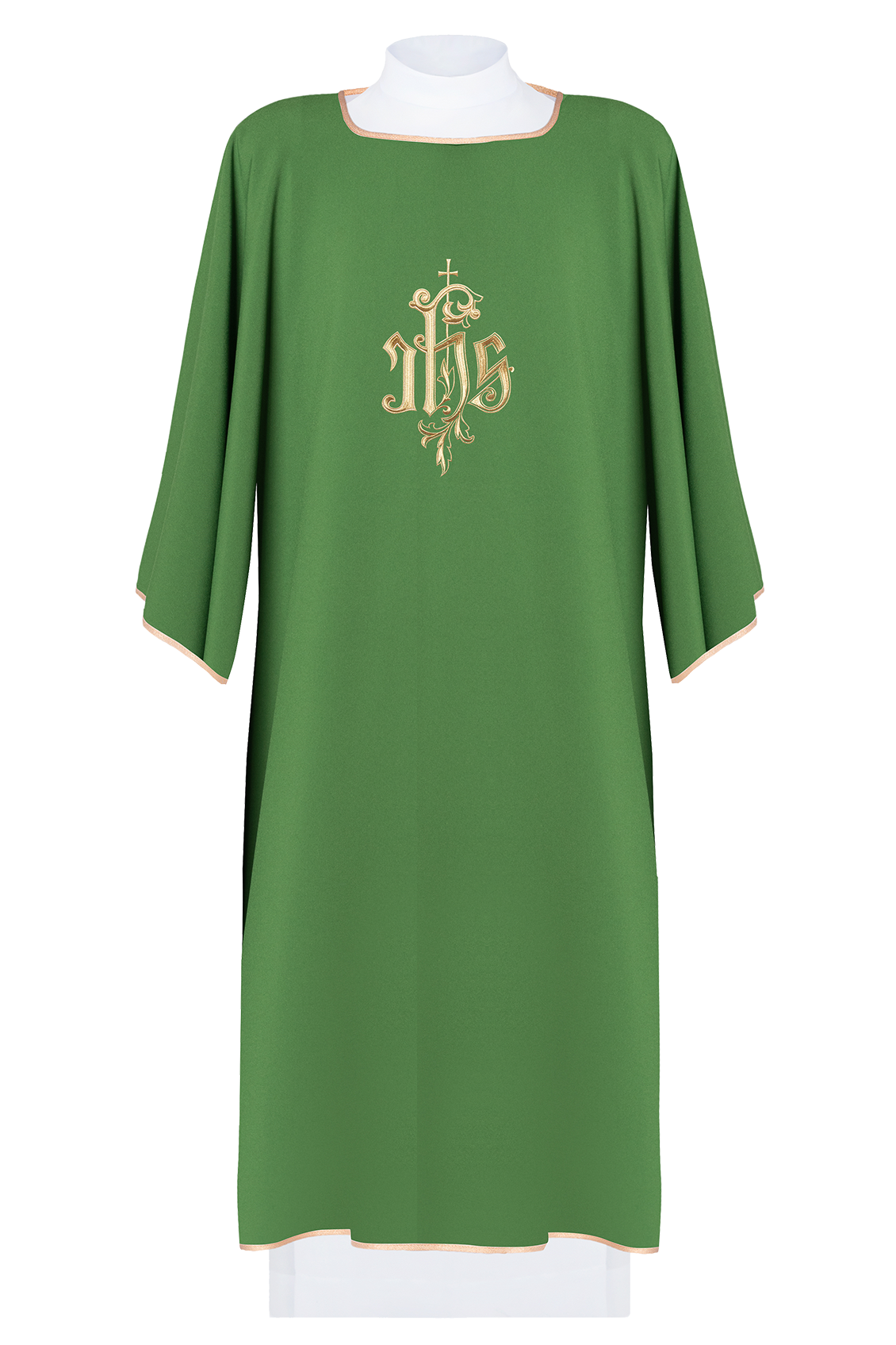 Green dalmatic chasuble with gold IHS