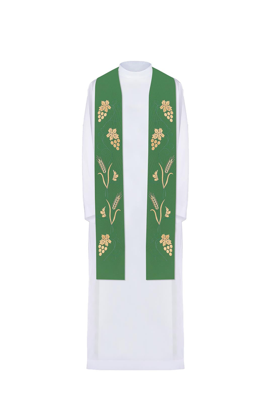 Green priestly stole with grape and wheat embroidery