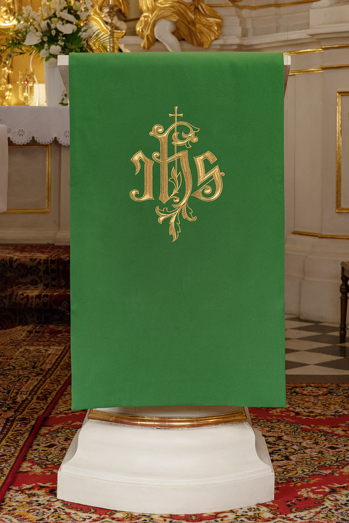 Lectern cover embroidered with IHS symbol in green