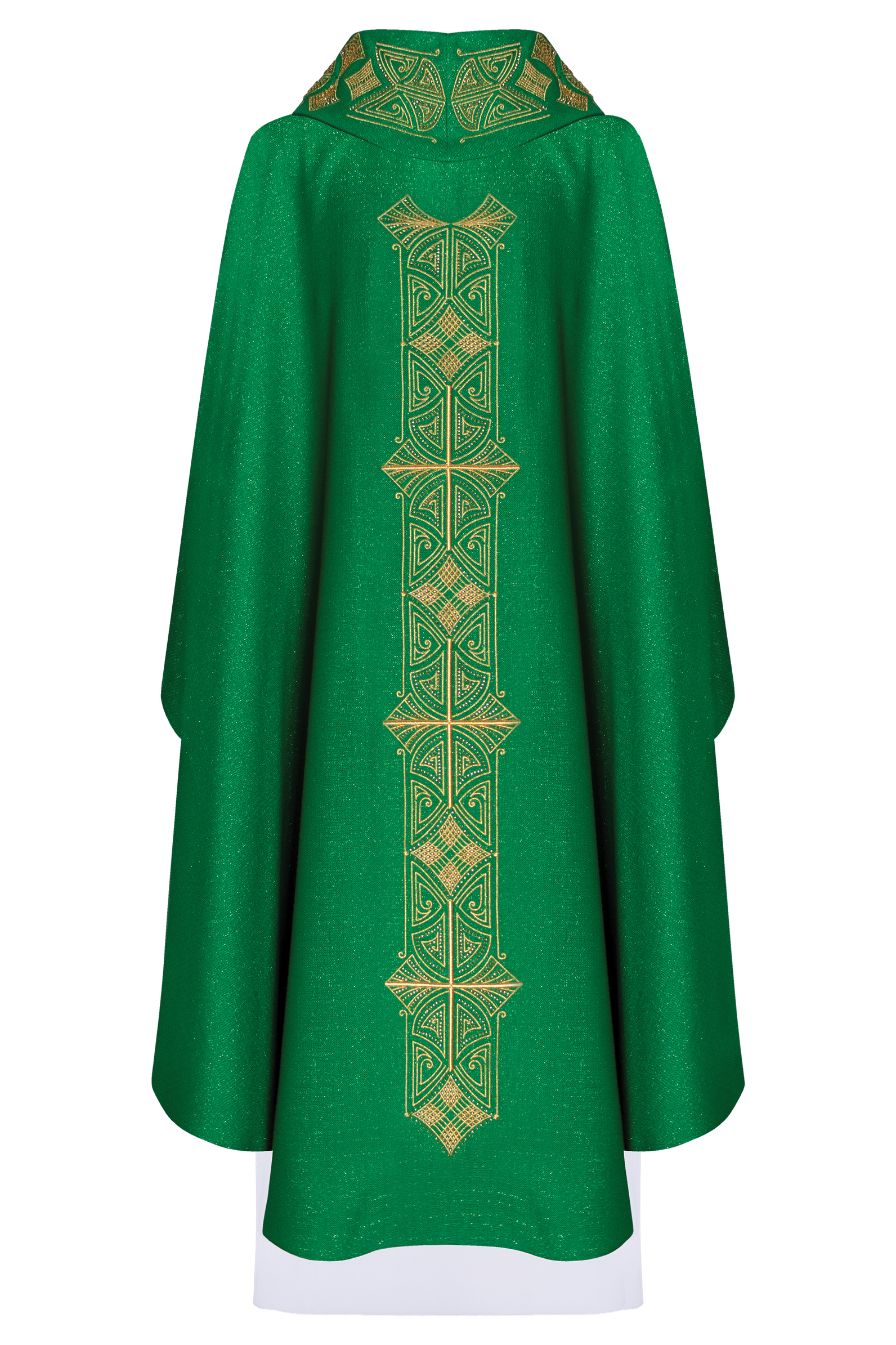 Shiny, richly embroidered green chasuble