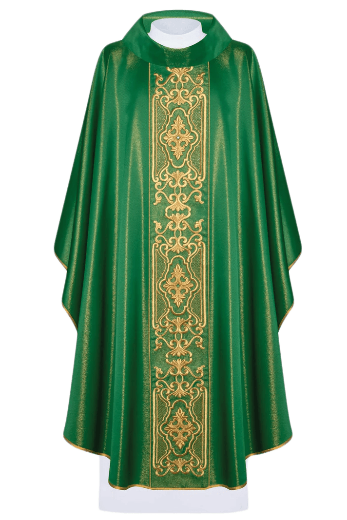 Green chasuble on a glossy fabric