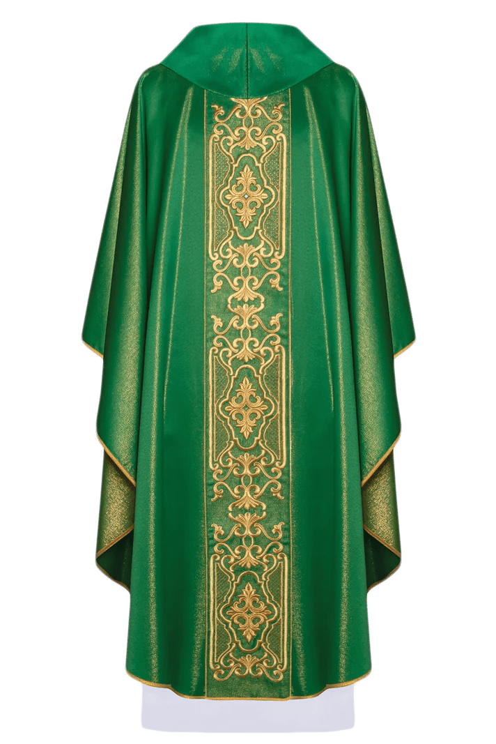 Green chasuble on a glossy fabric