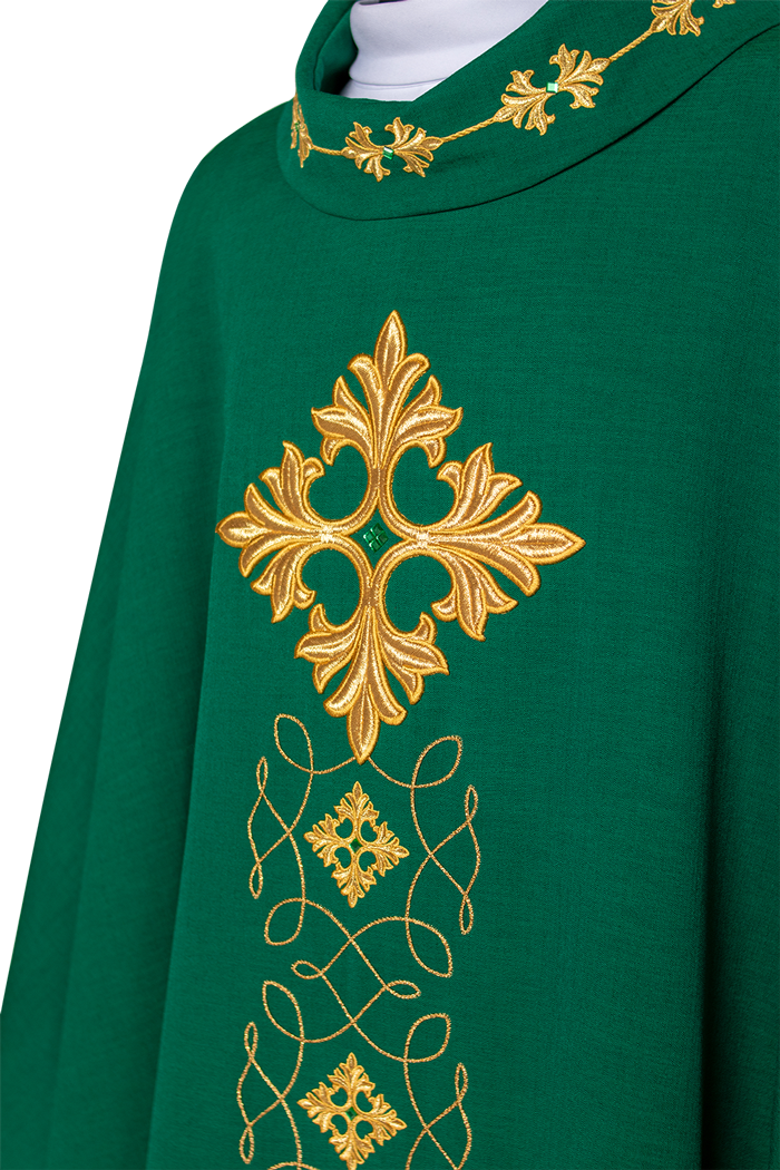 Green chasuble richly embroidered with a cord