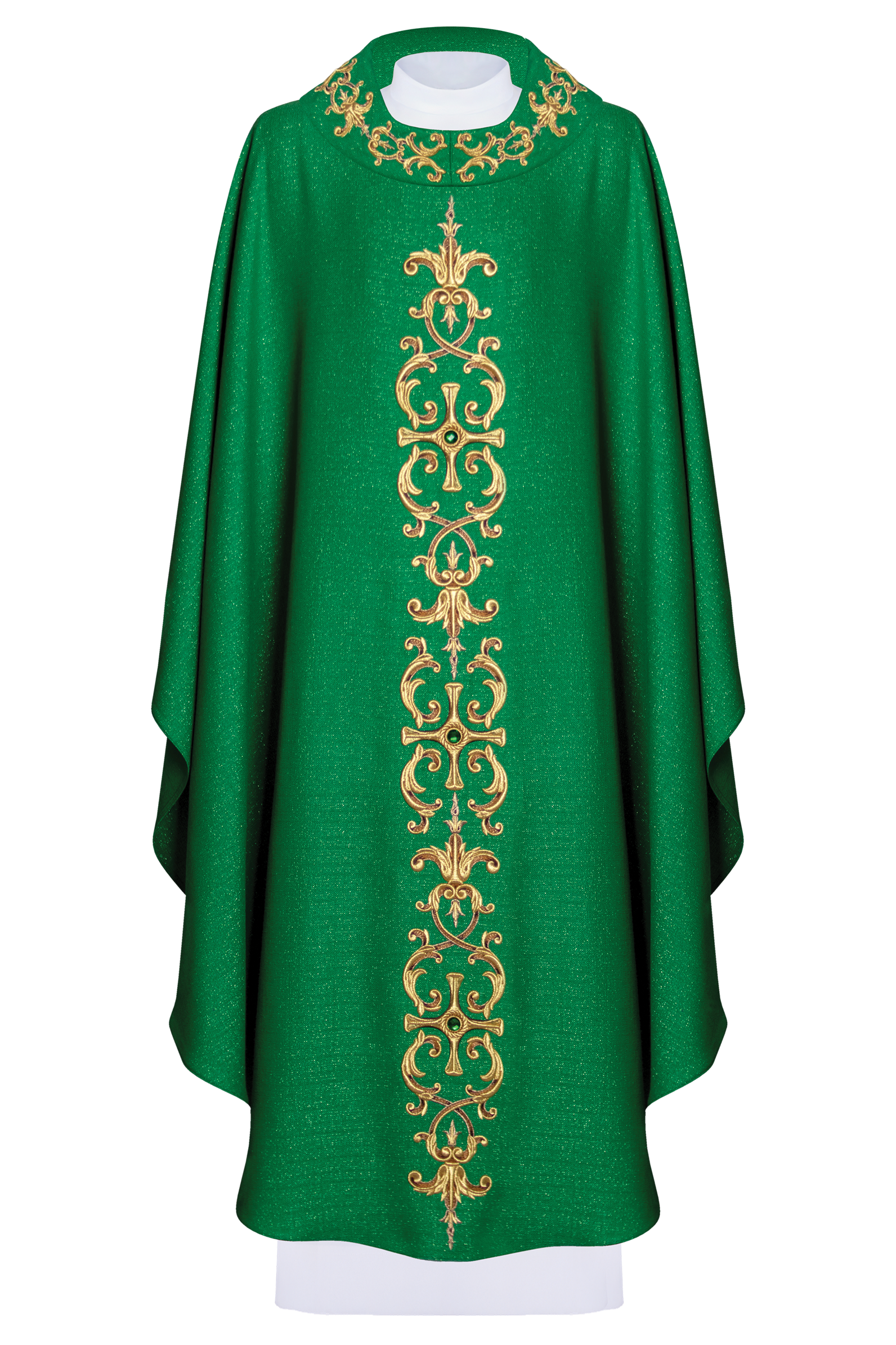 Green chasuble richly embroidered with gemstones