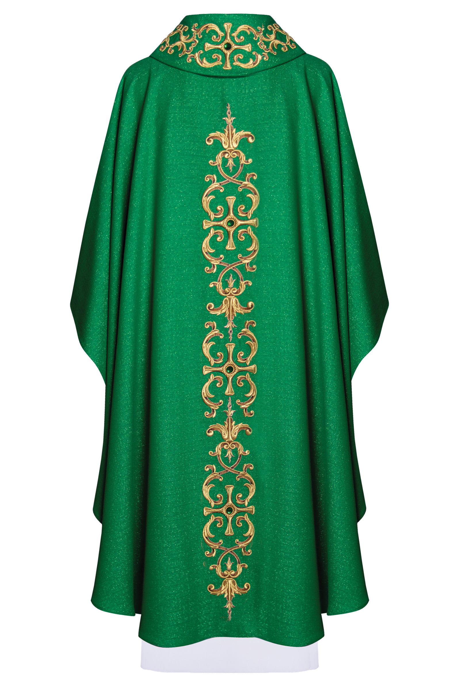 Green chasuble richly embroidered with gemstones