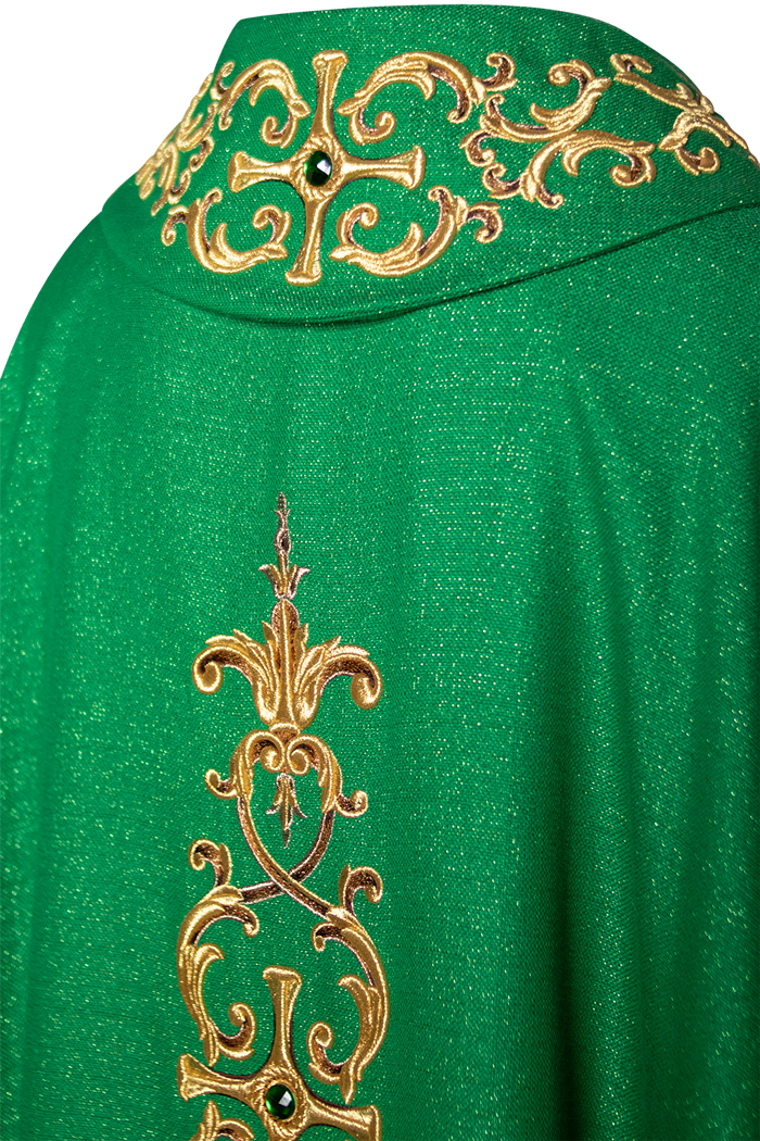 Green chasuble richly embroidered with gemstones