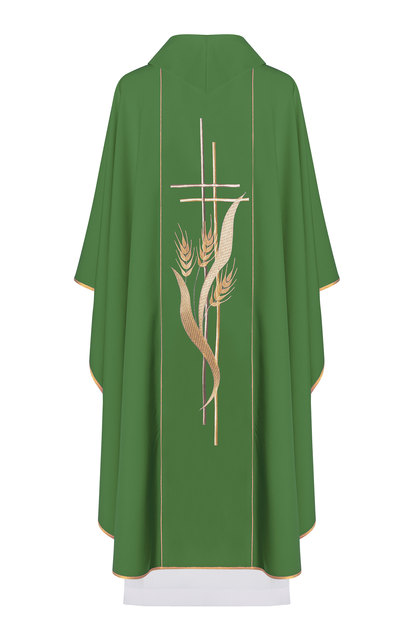 Green chasuble embroidered with motifs of cross and wheat