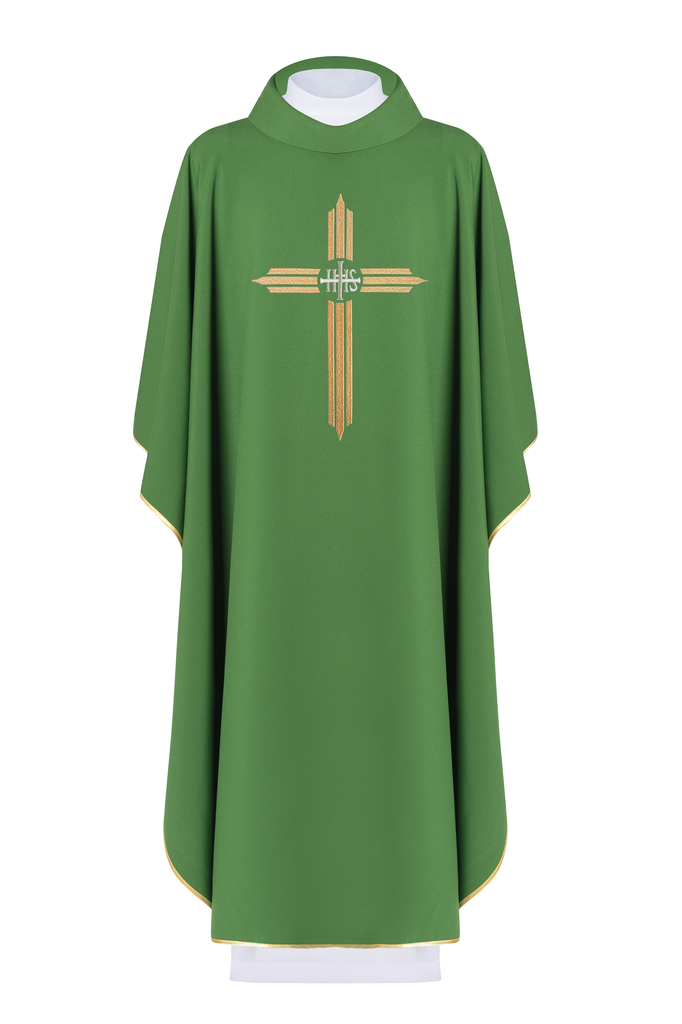 Green chasuble embroidered with the symbol of Cross IHS