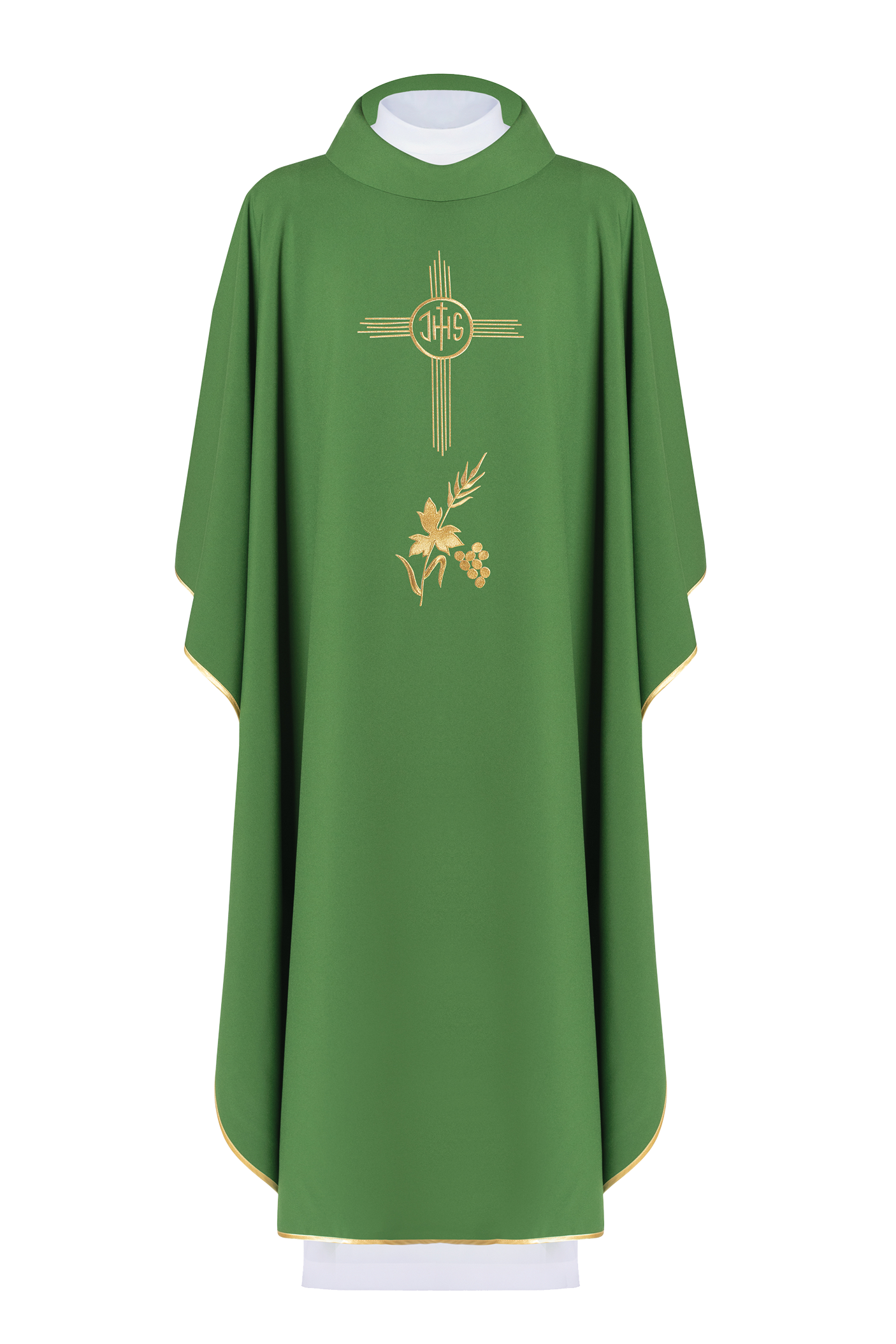 Green chasuble embroidered with IHS motif