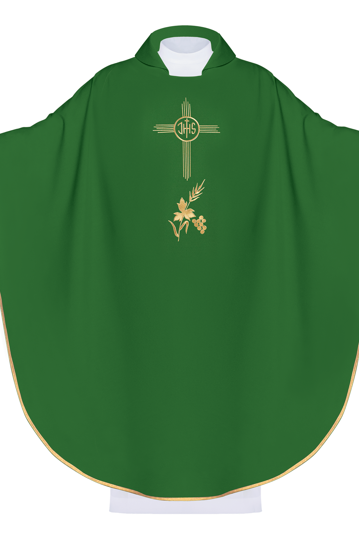 Green chasuble embroidered with IHS motif