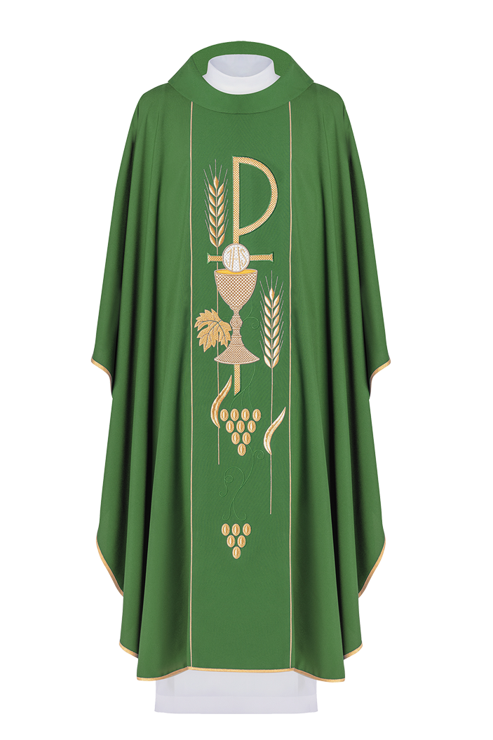 Green chasuble embroidered with IHS Chalice pattern