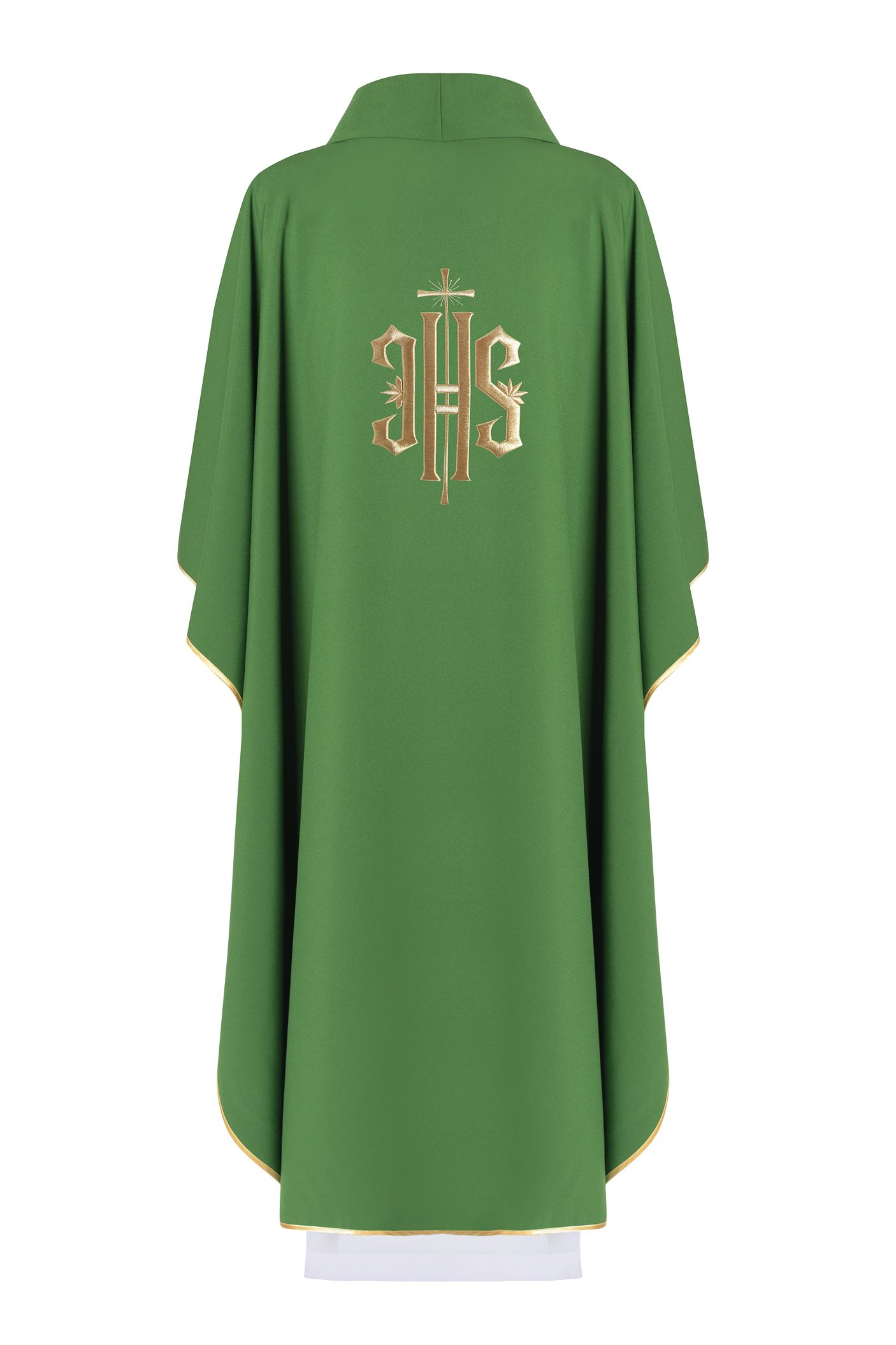 Green chasuble embroidered with IHS motif