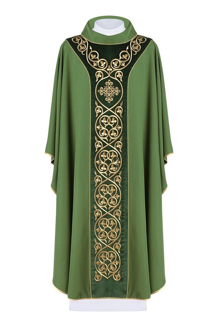 Chasuble made from green velvet fabric with gold embroidery