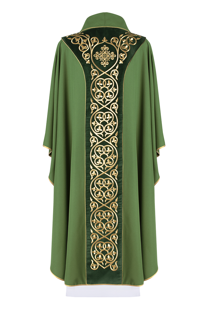 Chasuble made from green velvet fabric with gold embroidery