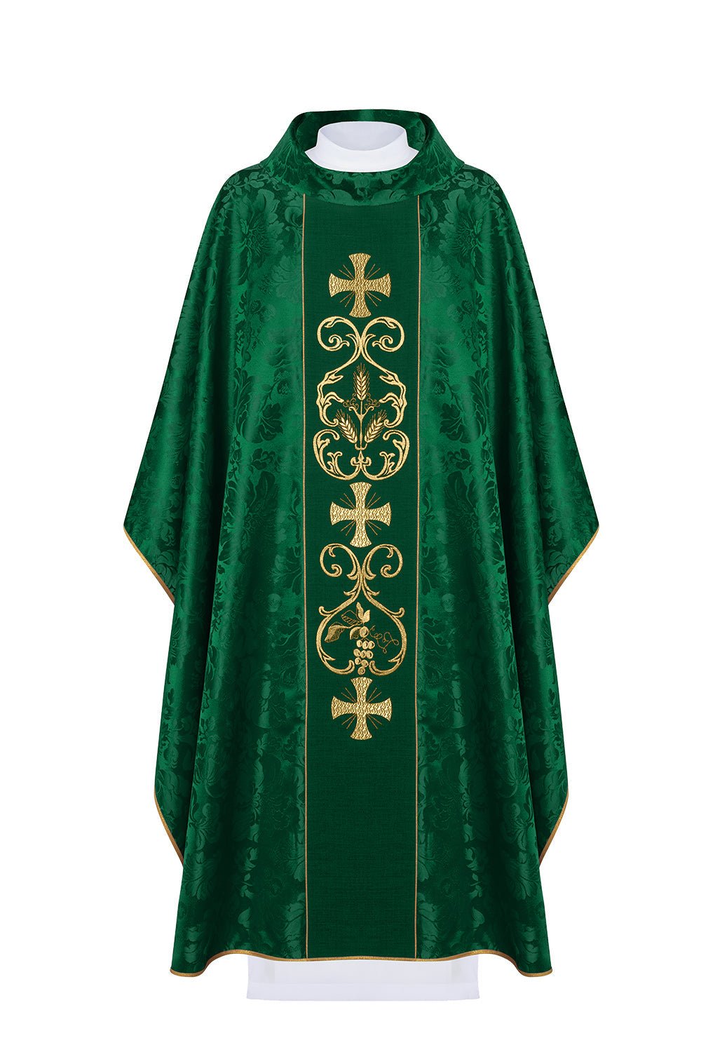 Green liturgical chasuble decorated with an embroidered belt