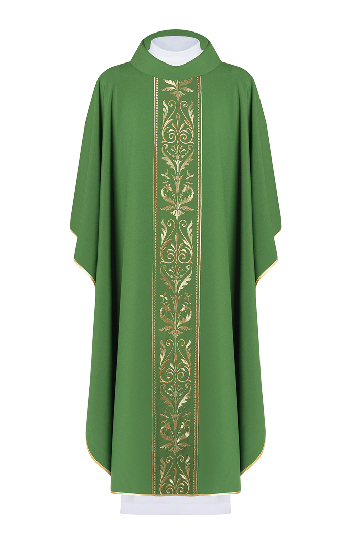 Green liturgical chasuble decorated with a gold embroidered belt