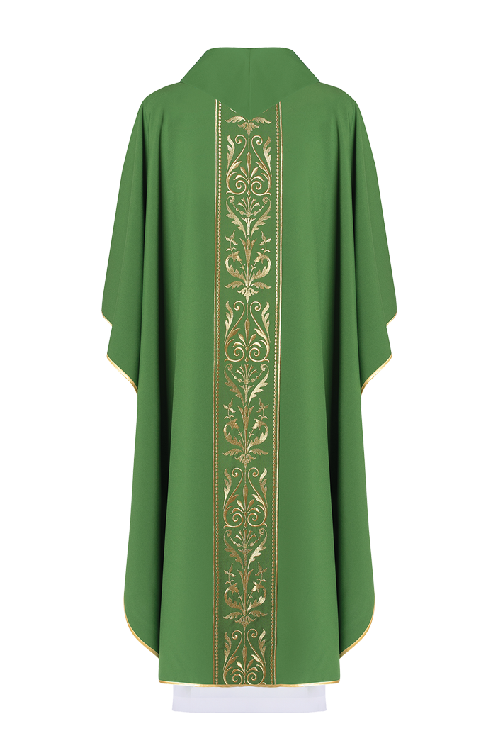 Green liturgical chasuble decorated with a gold embroidered belt