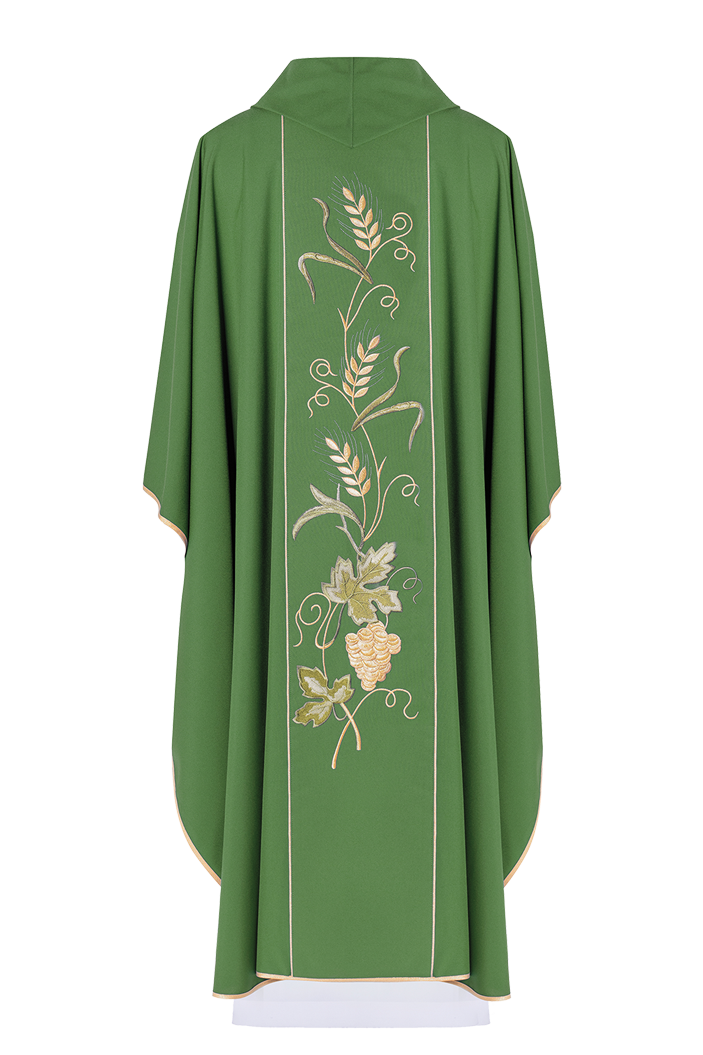 Green chasuble with IHS, ears of wheat, and grapes embroidery on a belt