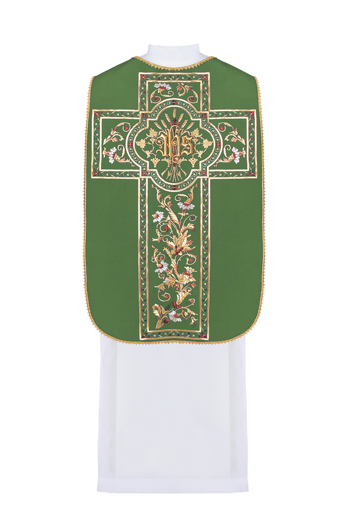 Green Roman Chasuble embroidered with the motif of IHS