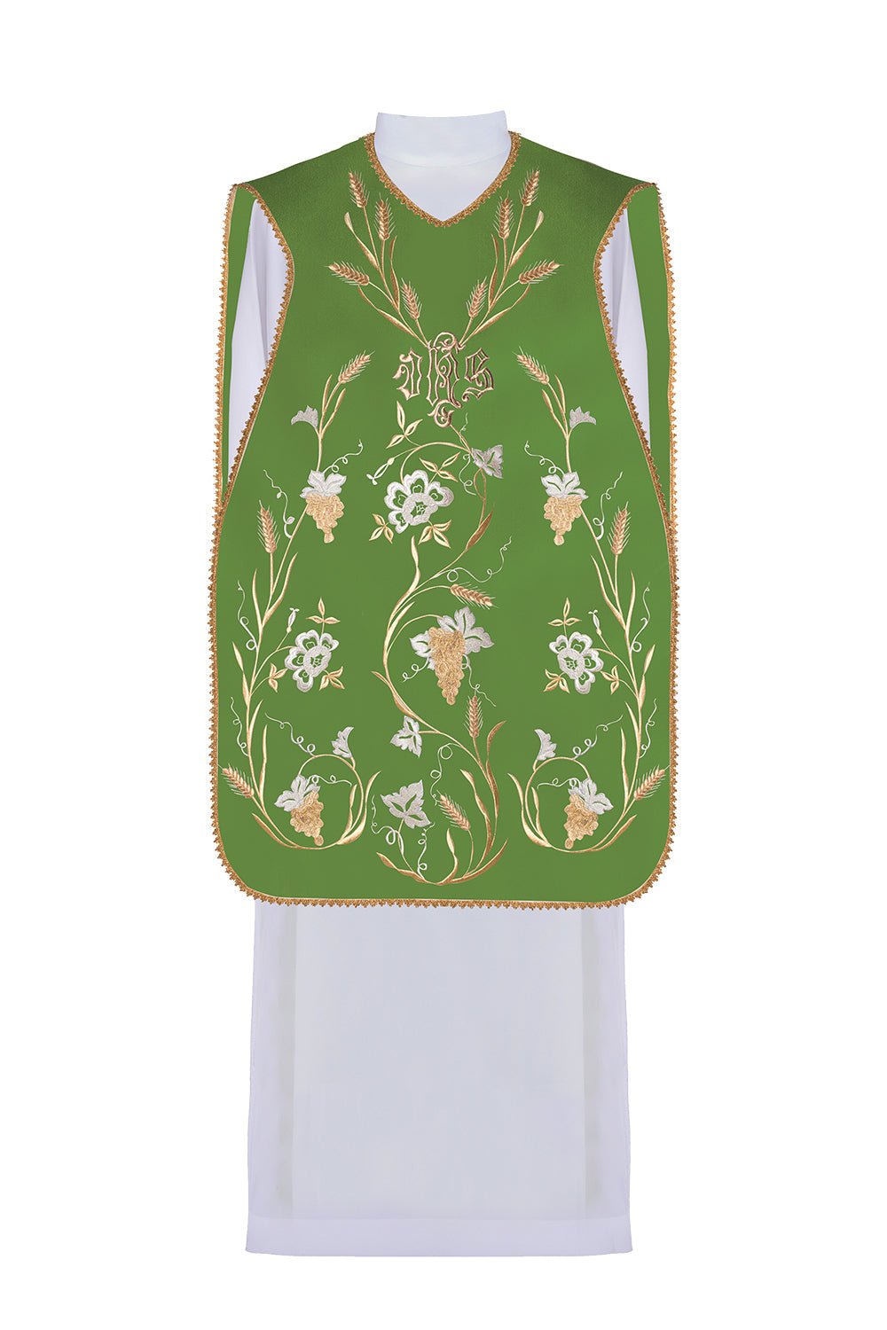 Green Roman Chasuble with the motif of IHS, ears of wheat, and grapes