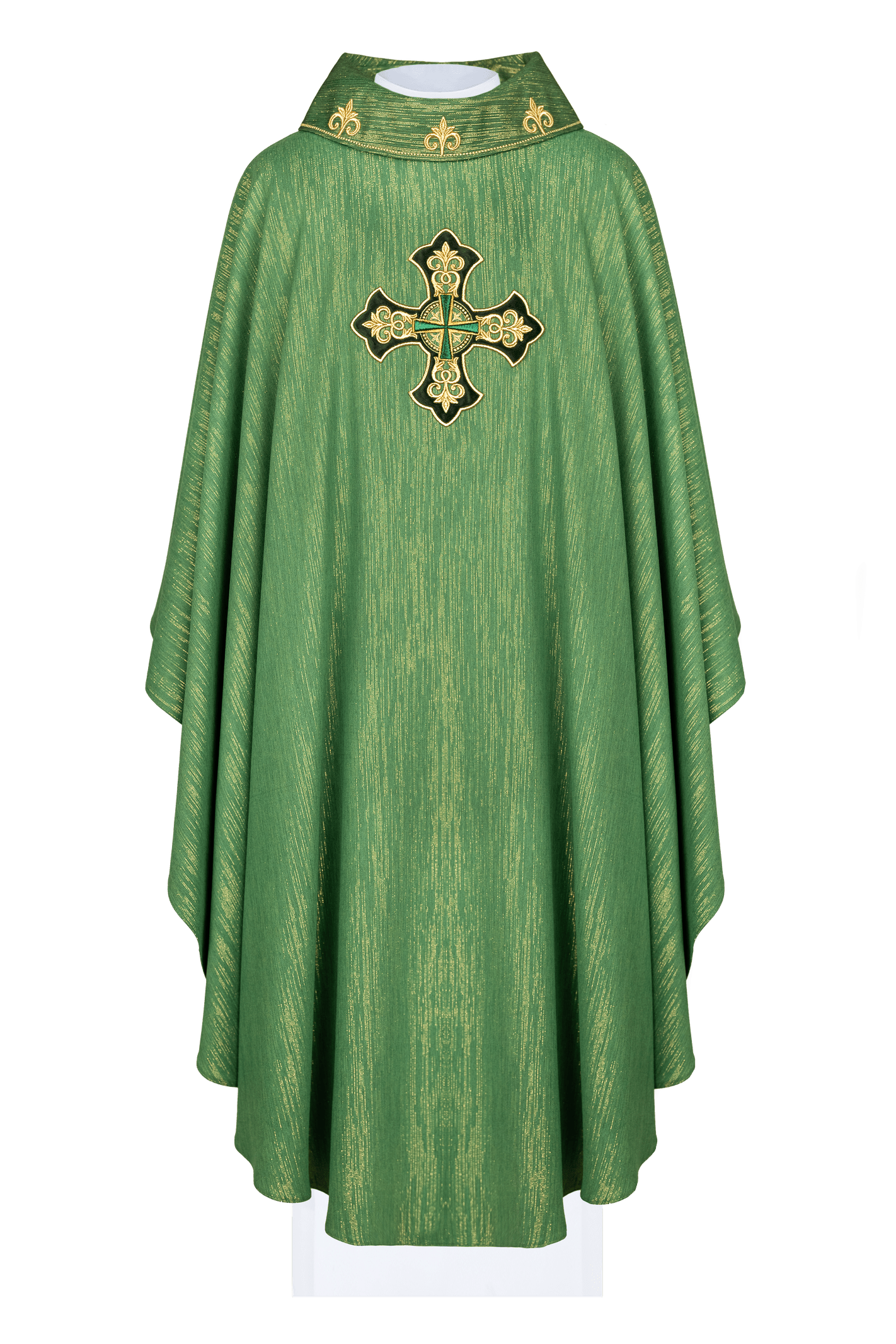 Green chasuble with embroidered cross and decorated collar