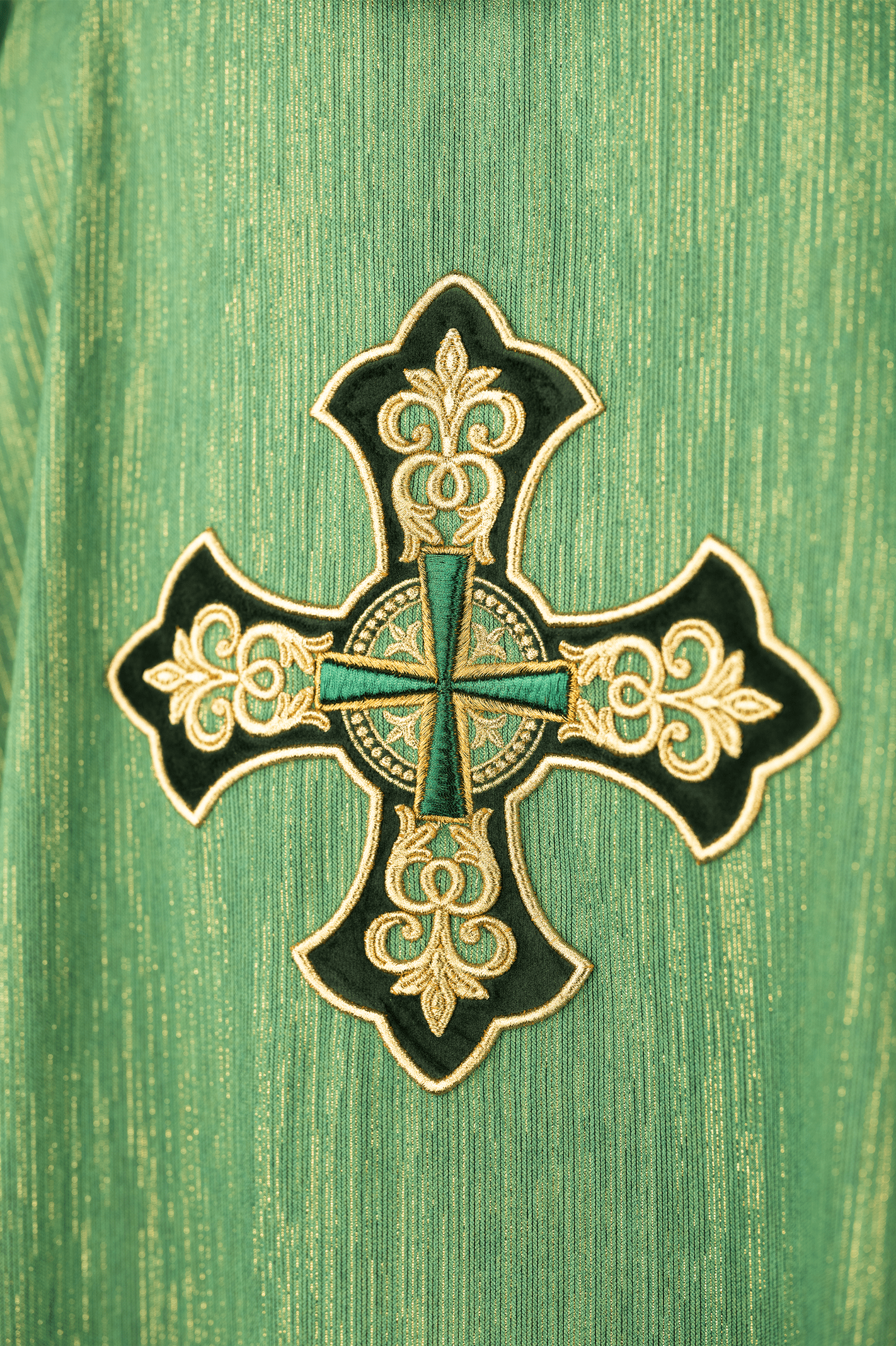 Green chasuble with embroidered cross and decorated collar