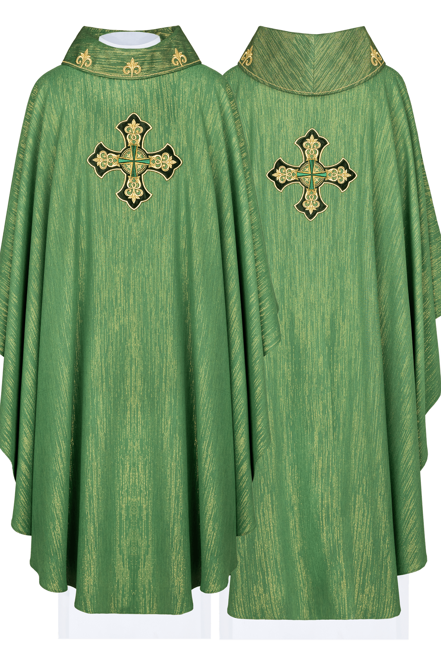 Green chasuble with embroidered cross and decorated collar