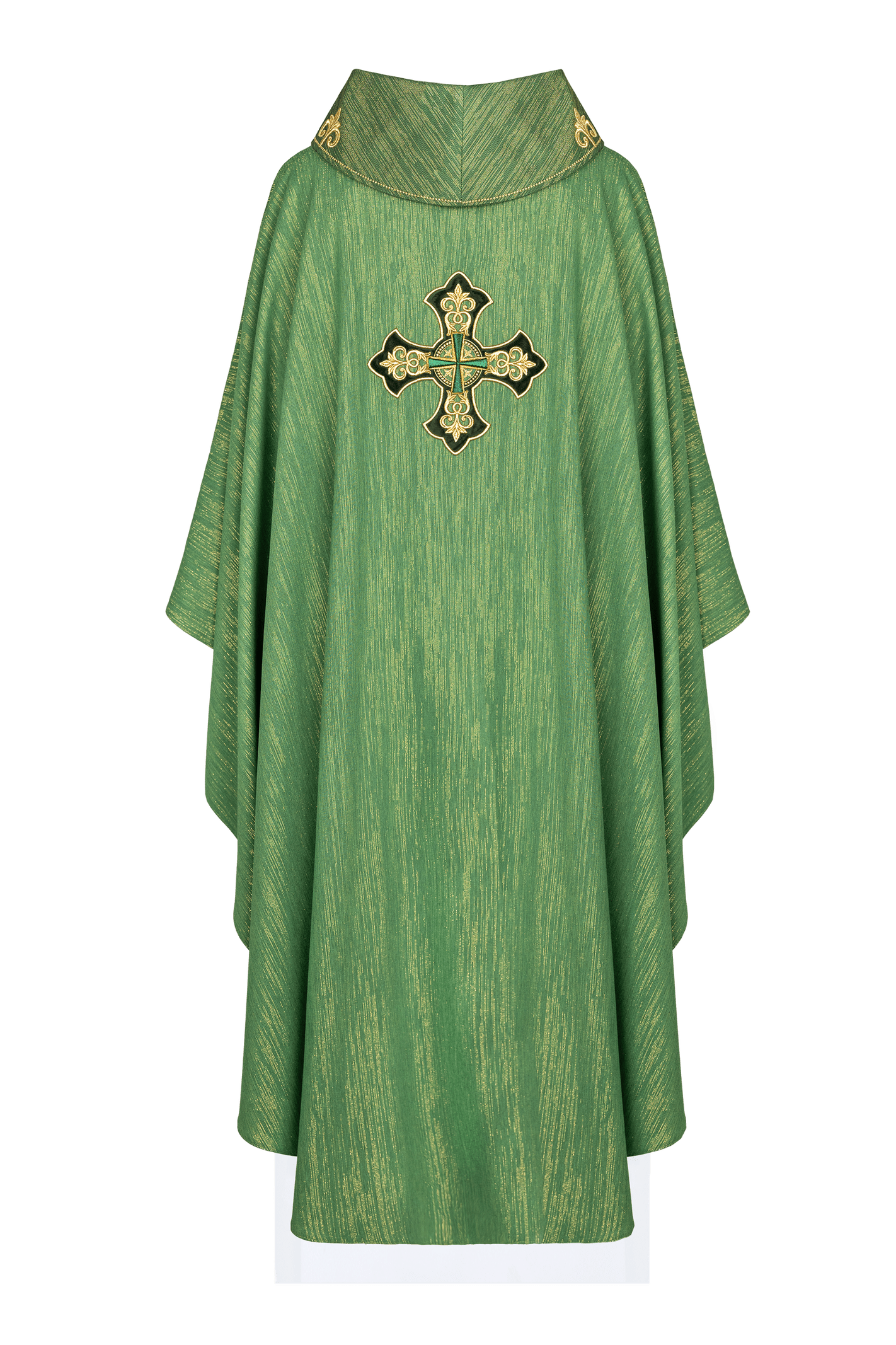 Green chasuble with embroidered cross and decorated collar