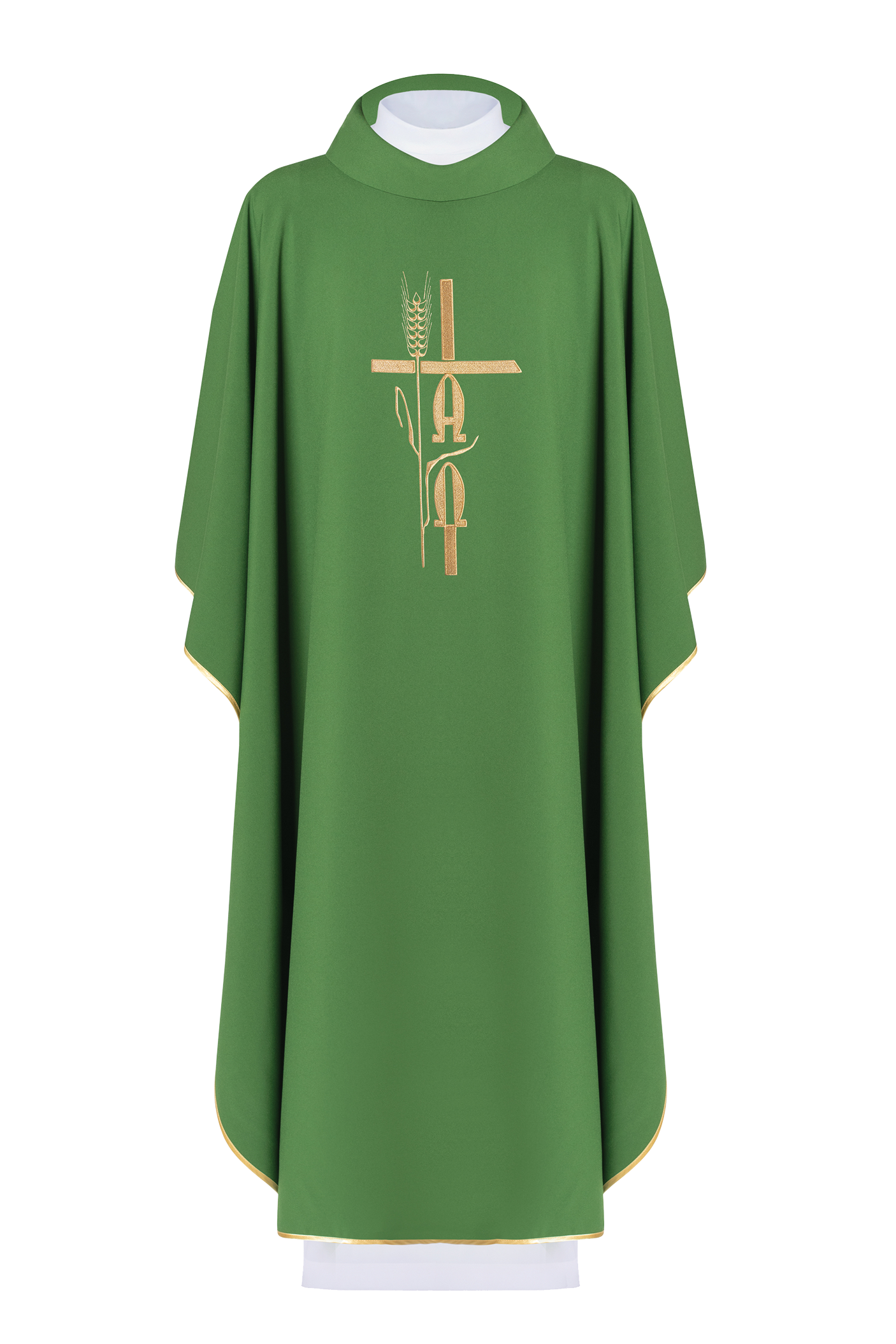 Green chasuble with cross and alfa omega symbols