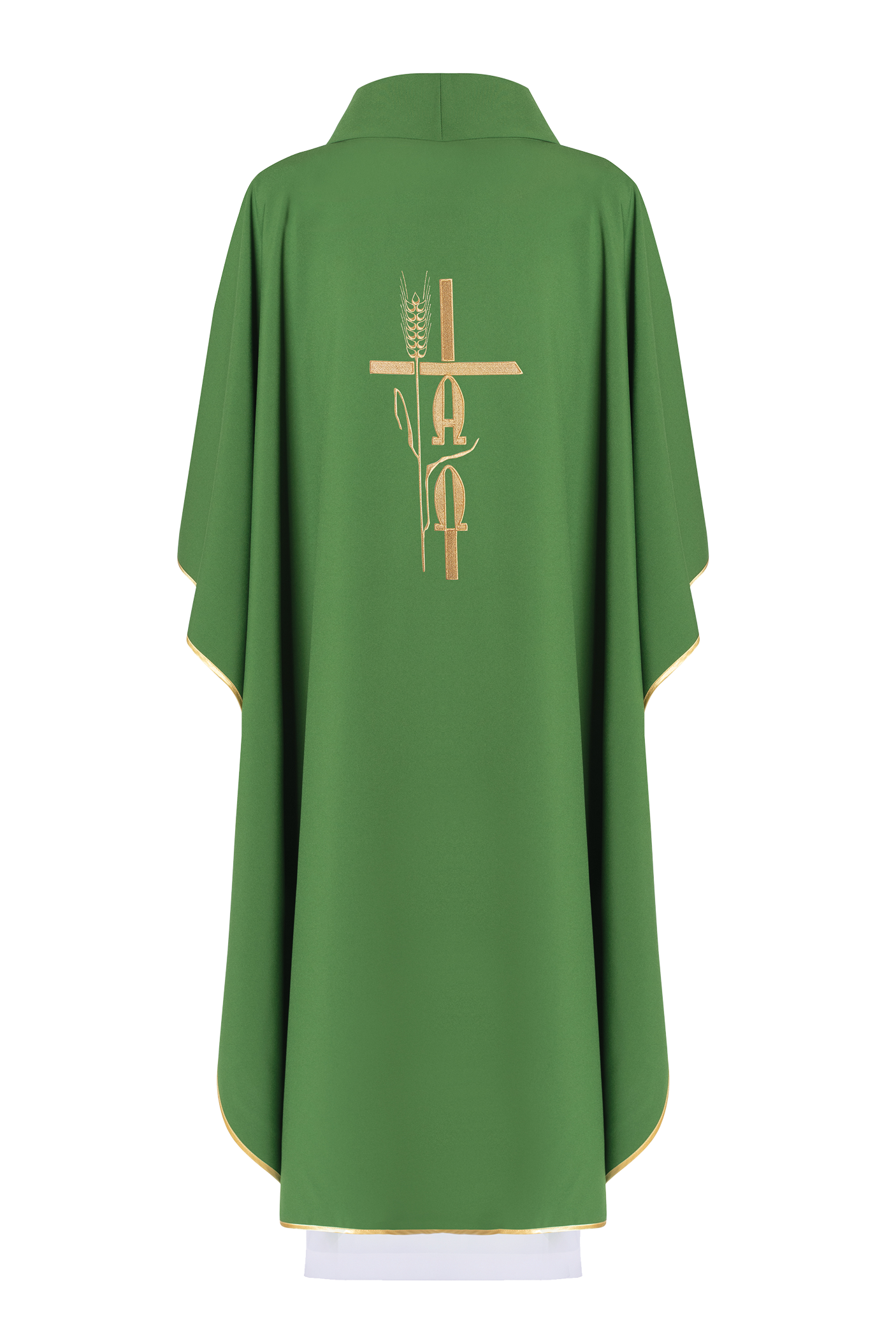 Green chasuble with cross and alfa omega symbols