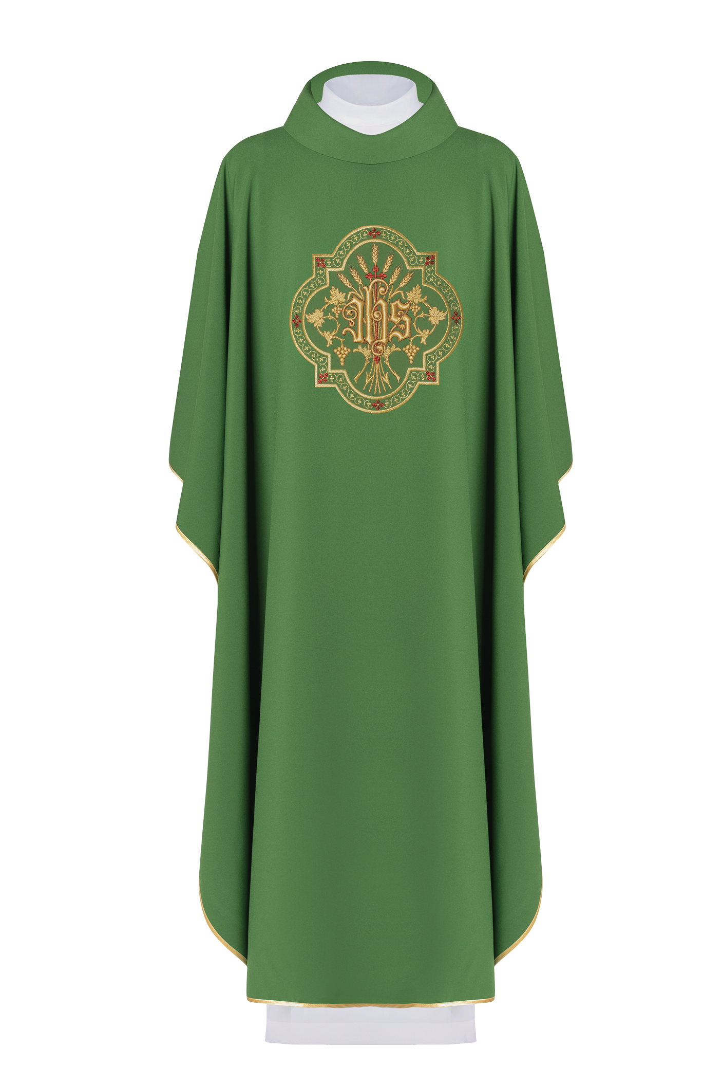 Green chasuble with IHS and PAX embroidery