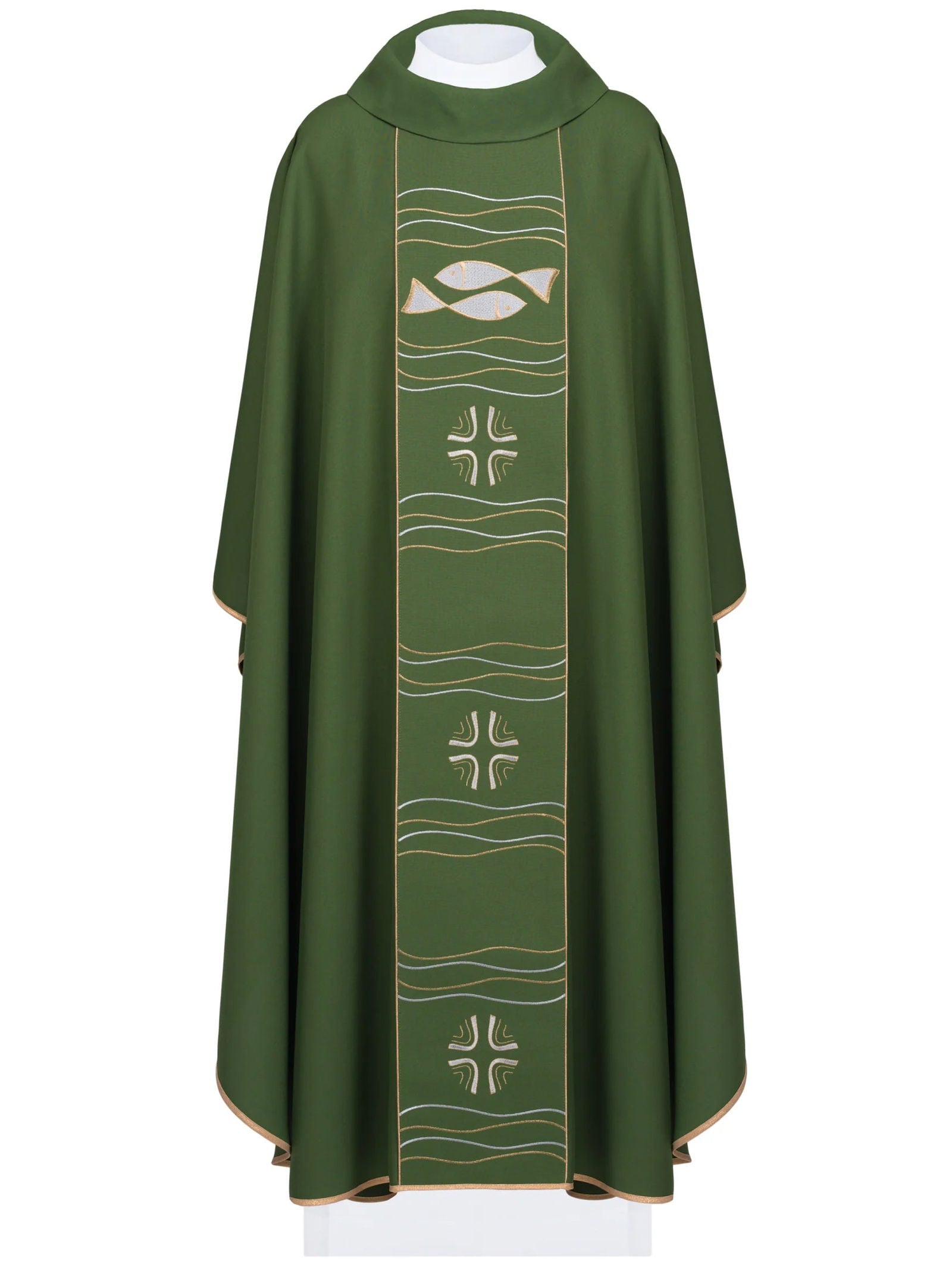 Green chasuble with embroidered cross and fish