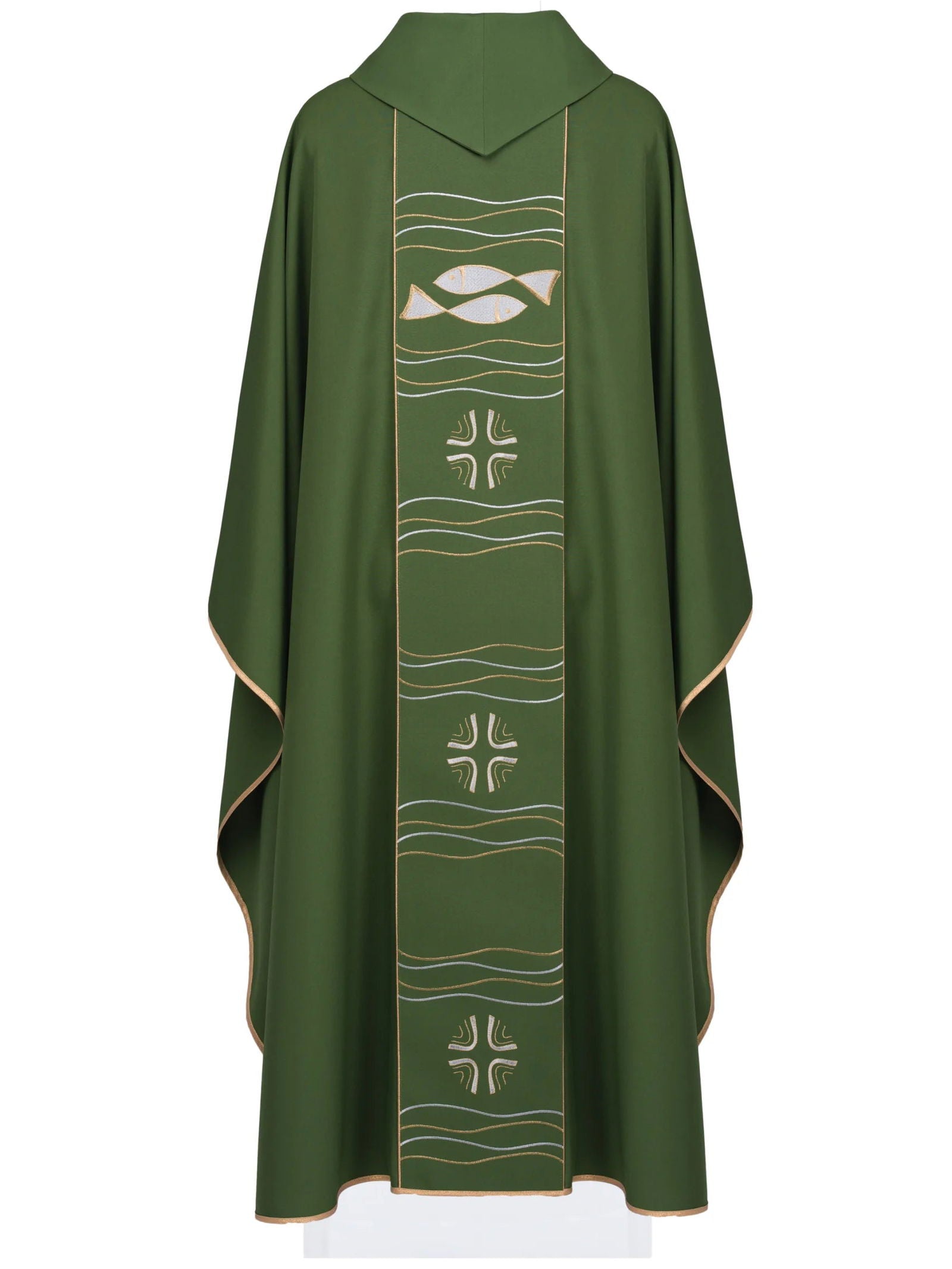 Green chasuble with embroidered cross and fish