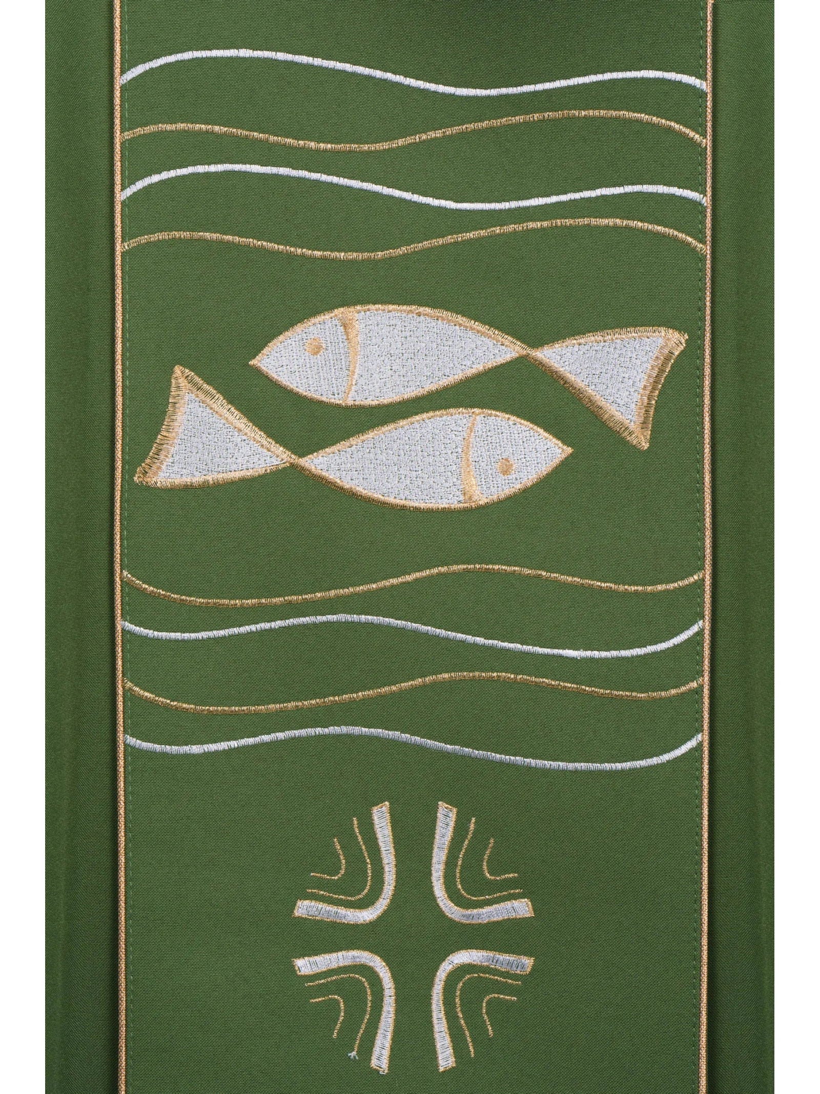 Green chasuble with embroidered cross and fish