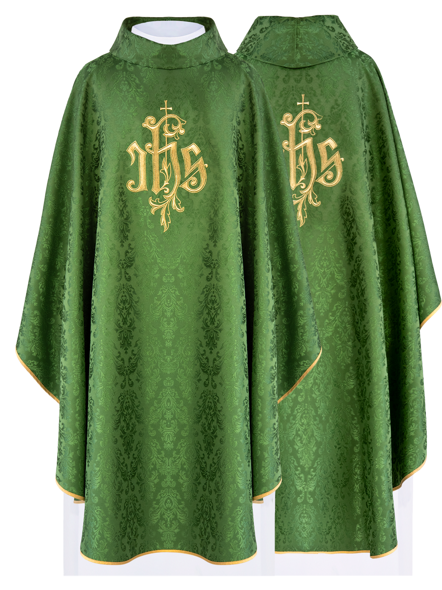 Chasuble made of green floral ornamental texture with classic IHS