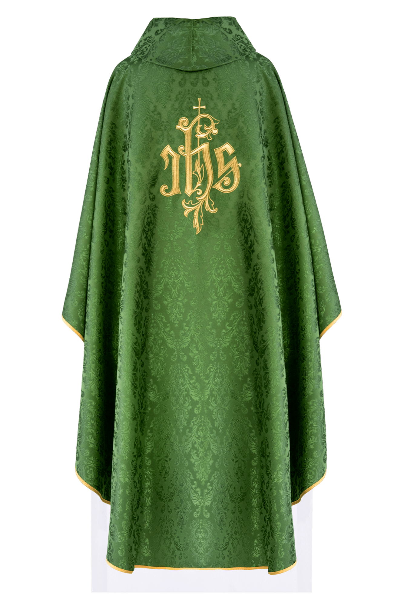 Chasuble made of green floral ornamental texture with classic IHS