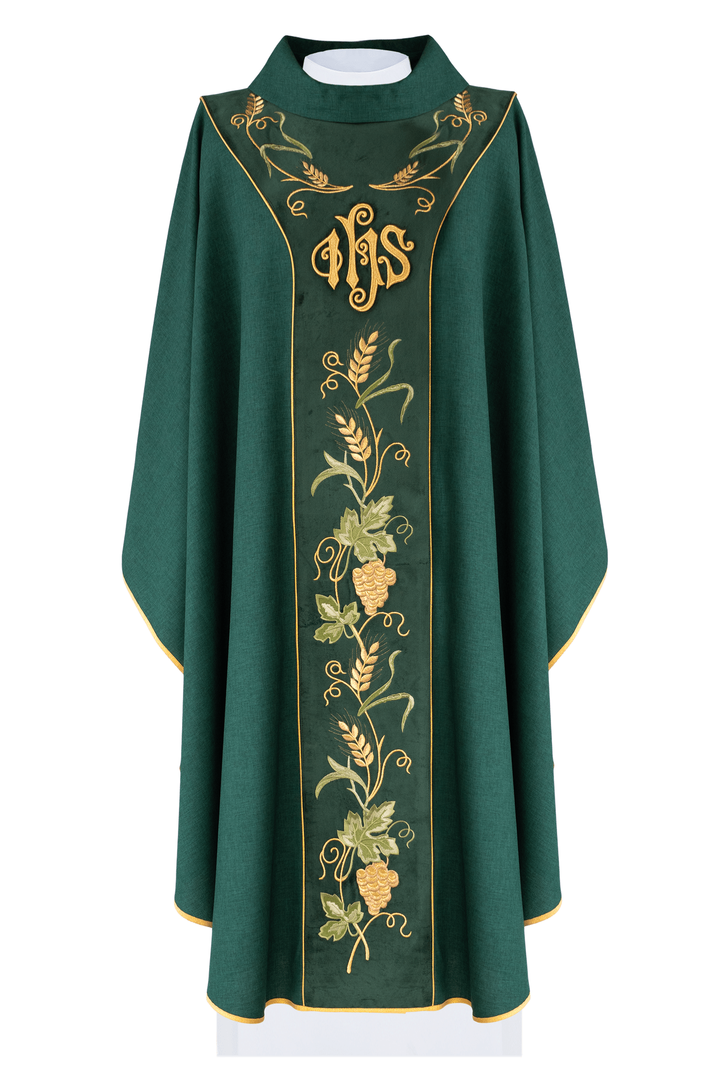 Green chasuble with embroidered grape motif and IHS