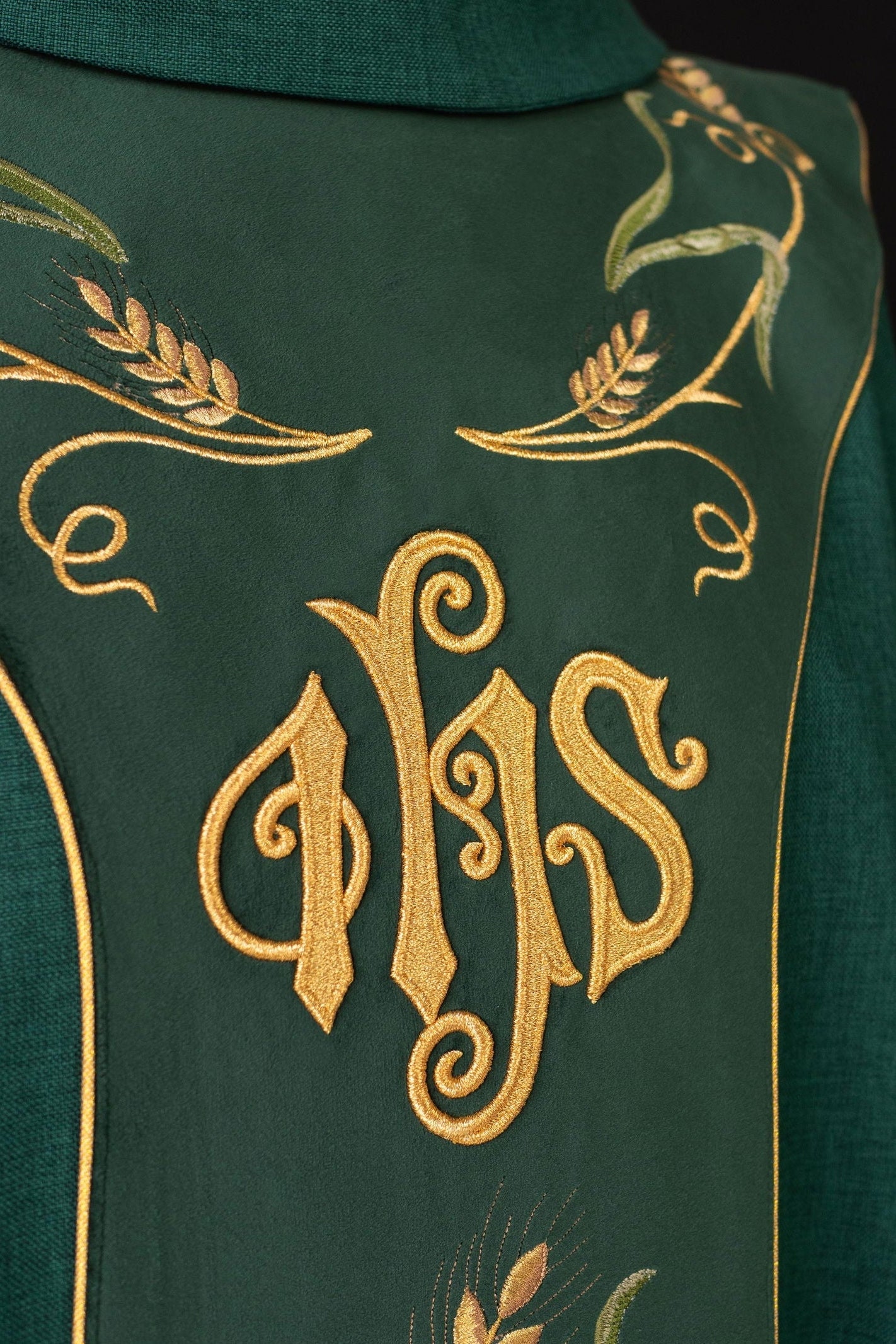 Green chasuble with embroidered grape motif and IHS