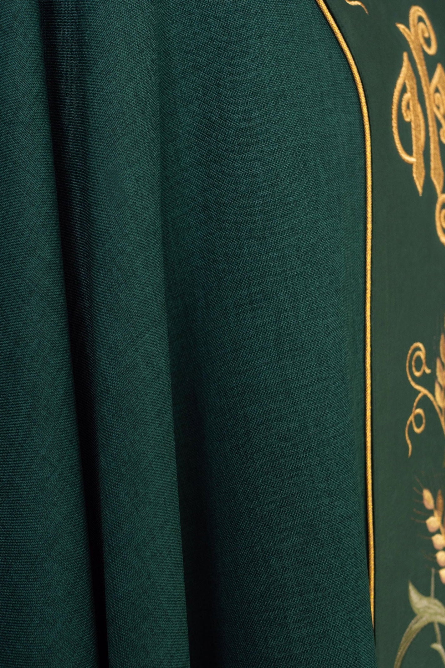 Green chasuble with embroidered grape motif and IHS