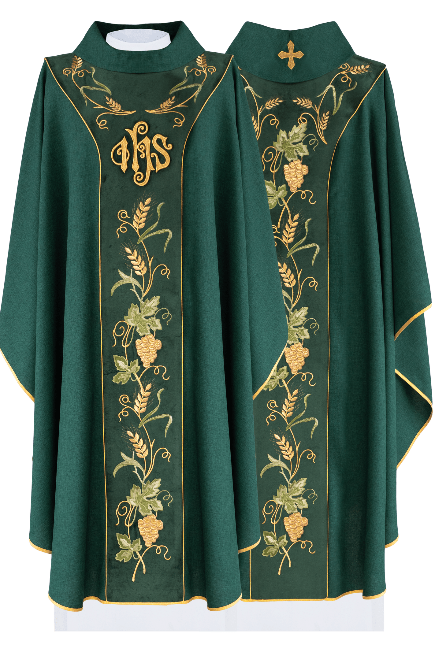 Green chasuble with embroidered grape motif and IHS