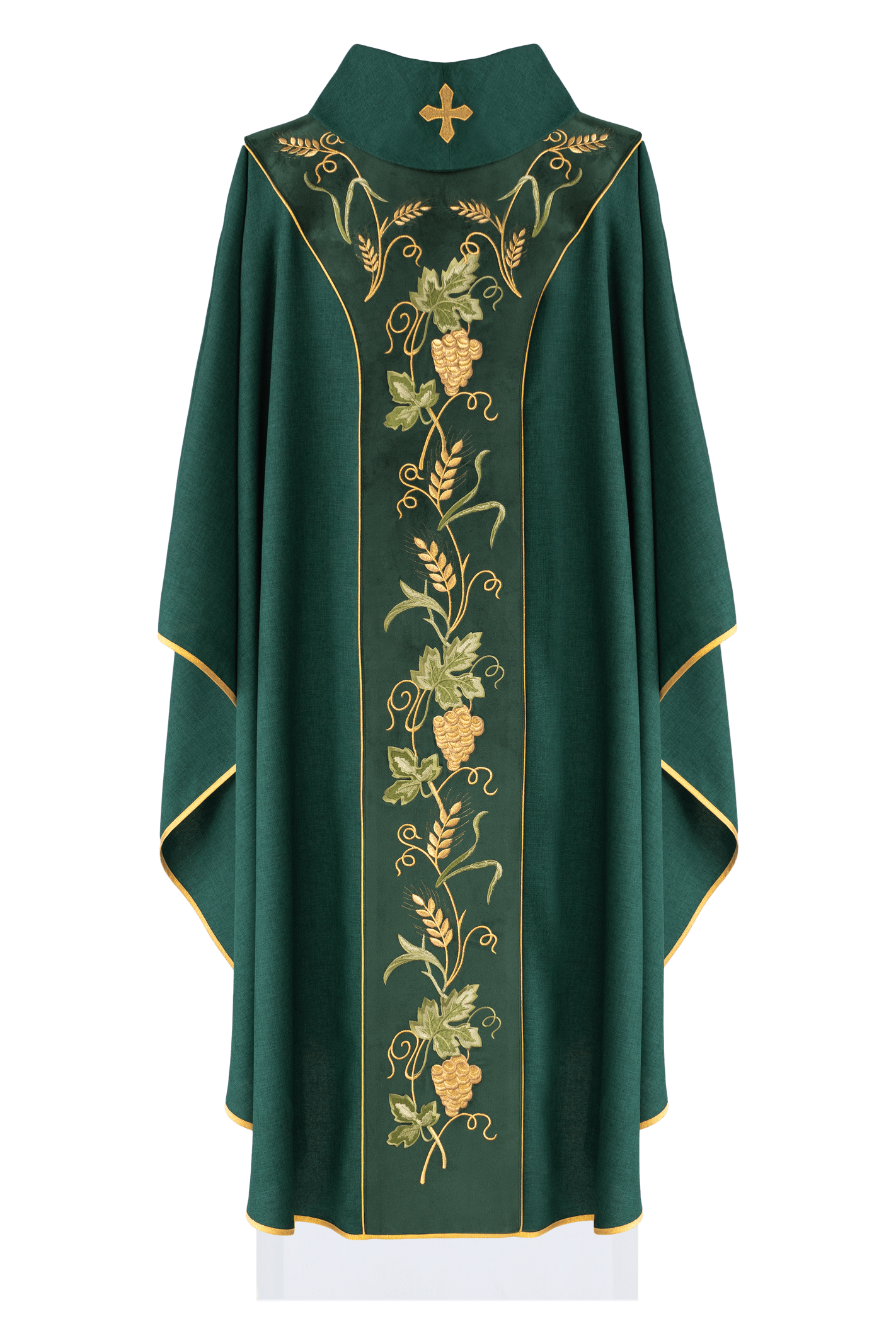 Green chasuble with embroidered grape motif and IHS