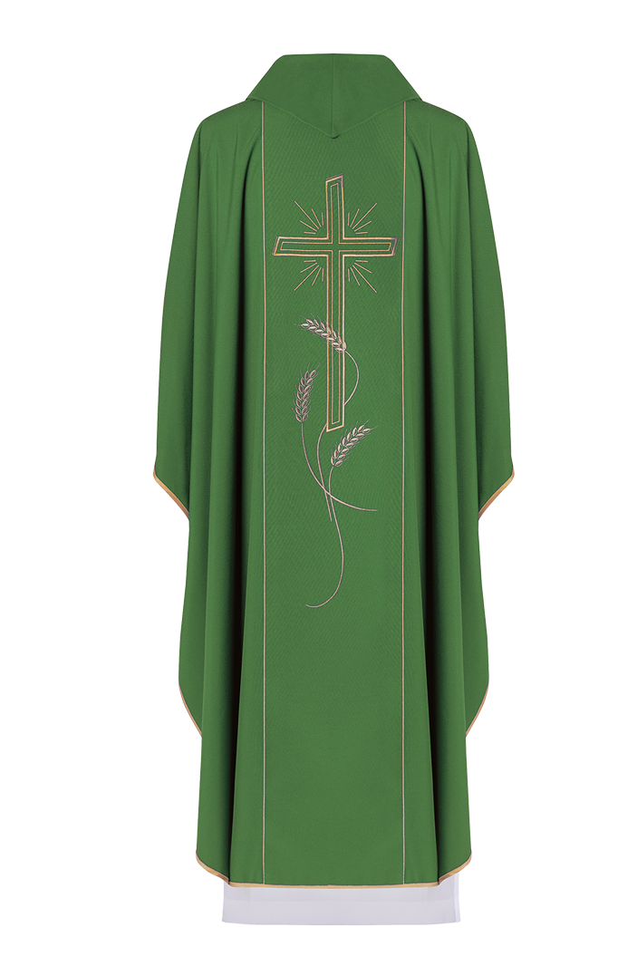 Green chasuble with embroidered Cross IHS symbol