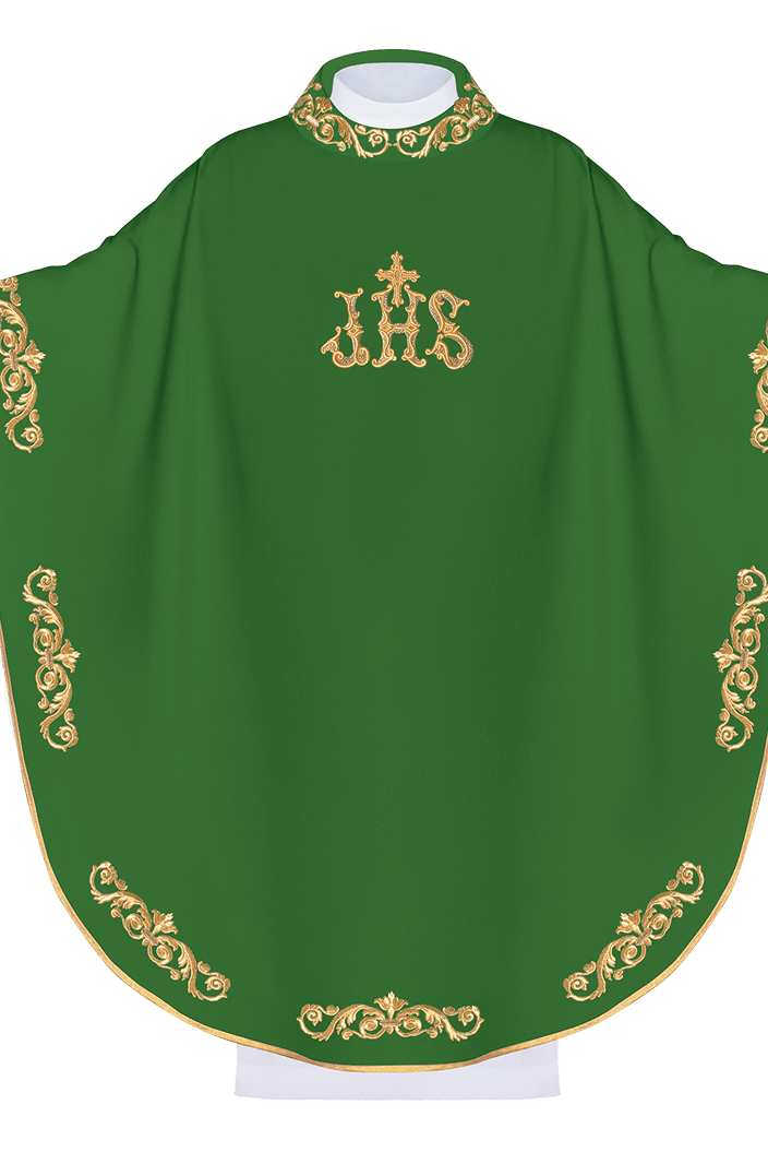 Green chasuble with IHS embroidery