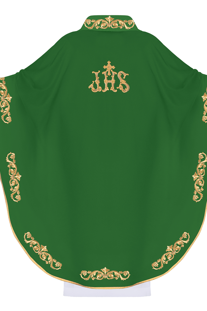 Green chasuble with IHS embroidery