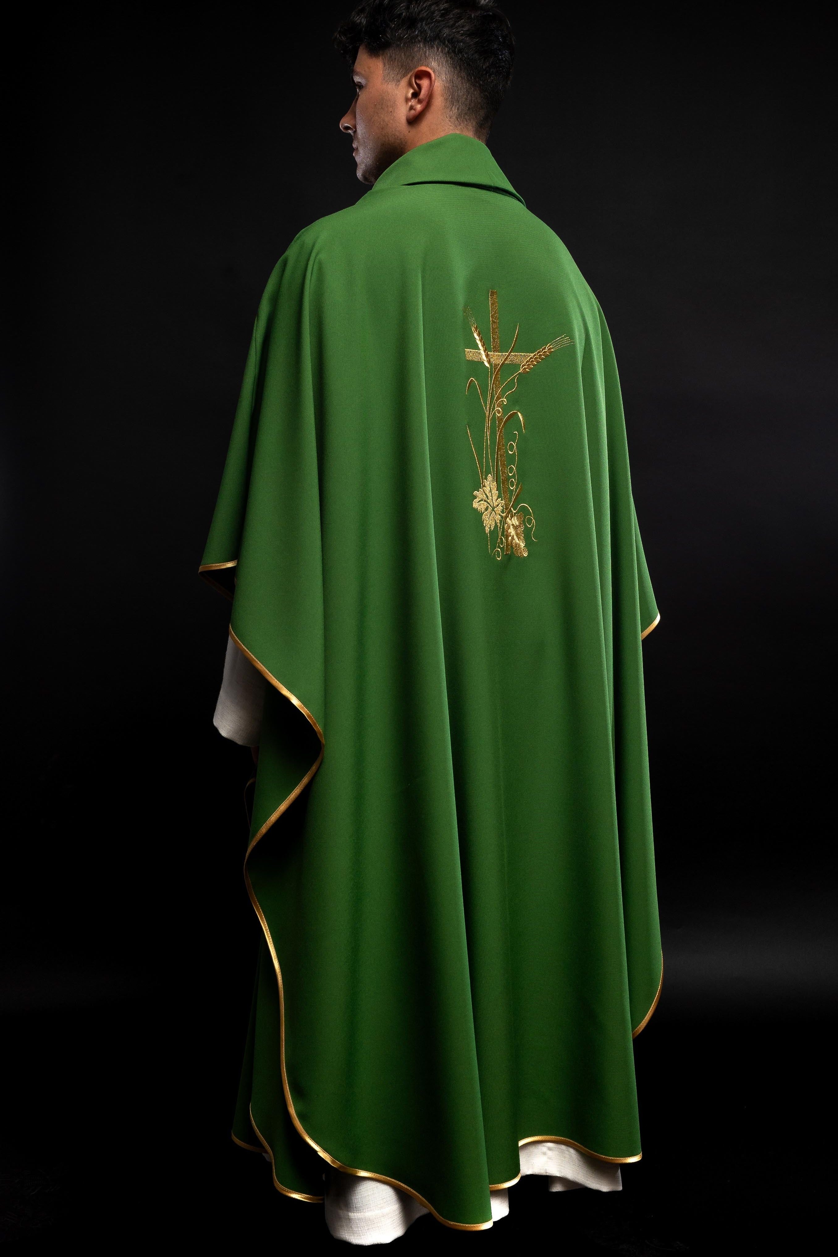 Green chasuble with golden cross embroidery