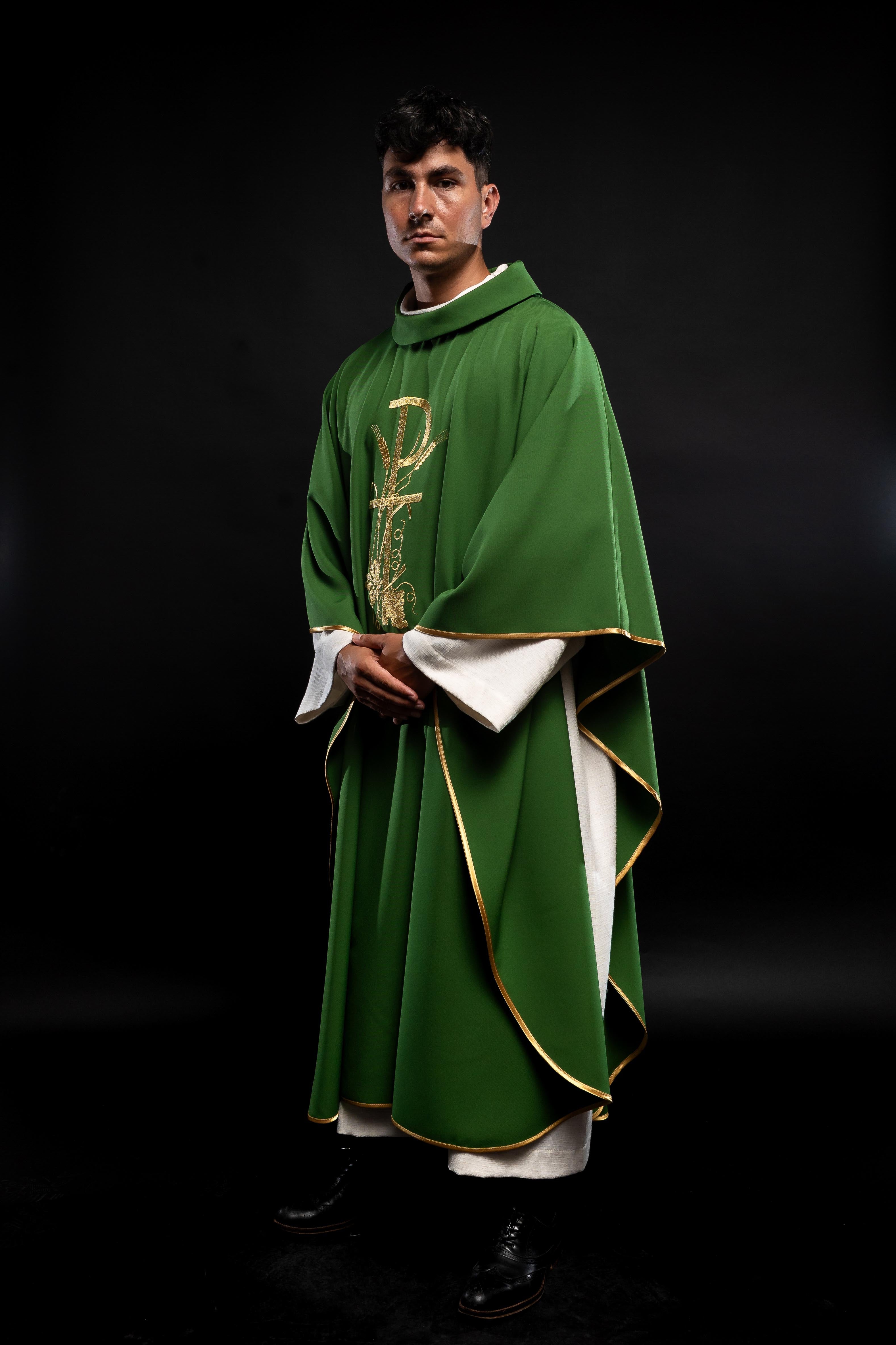 Green chasuble with golden cross embroidery