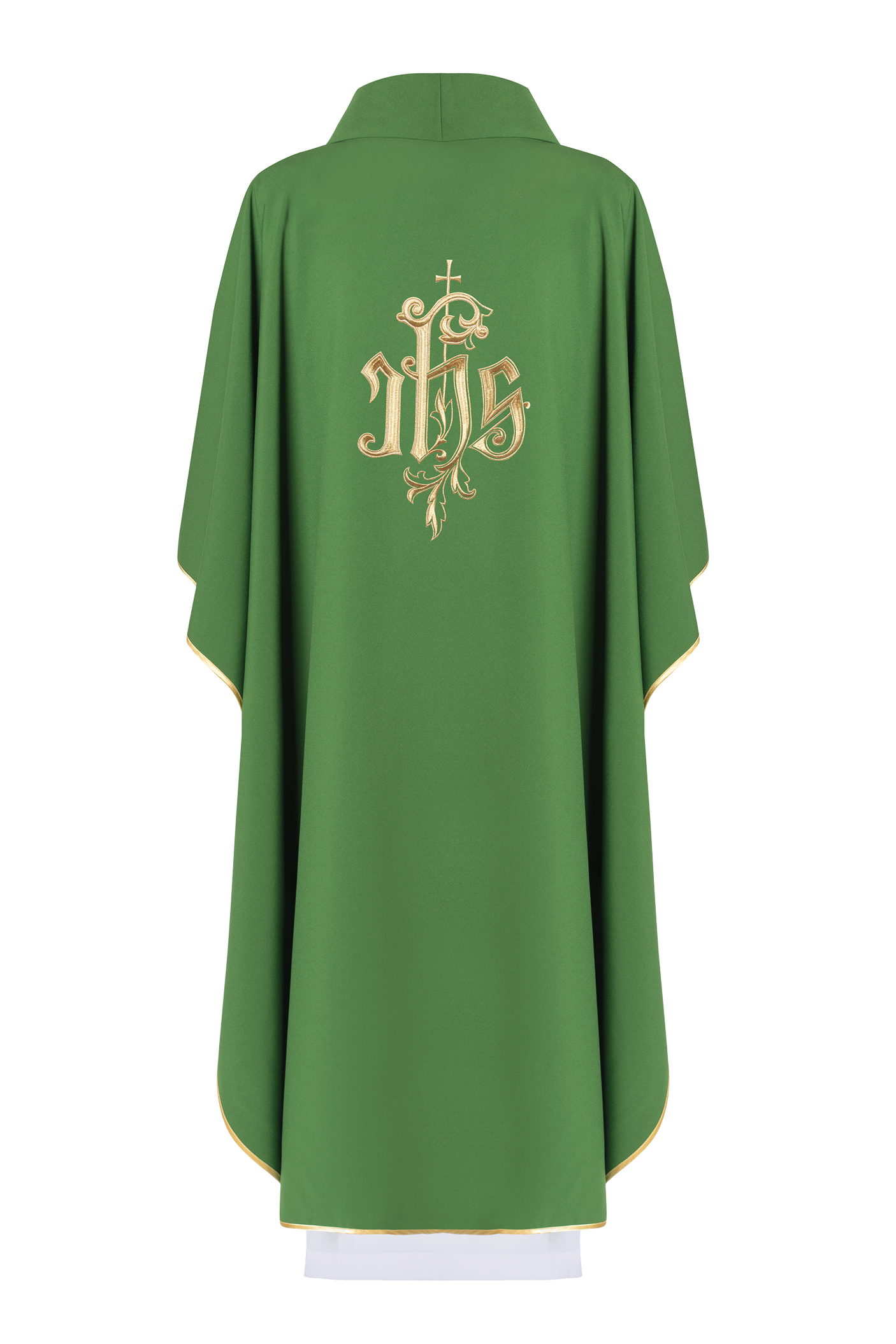 Green chasuble with classic JHS design